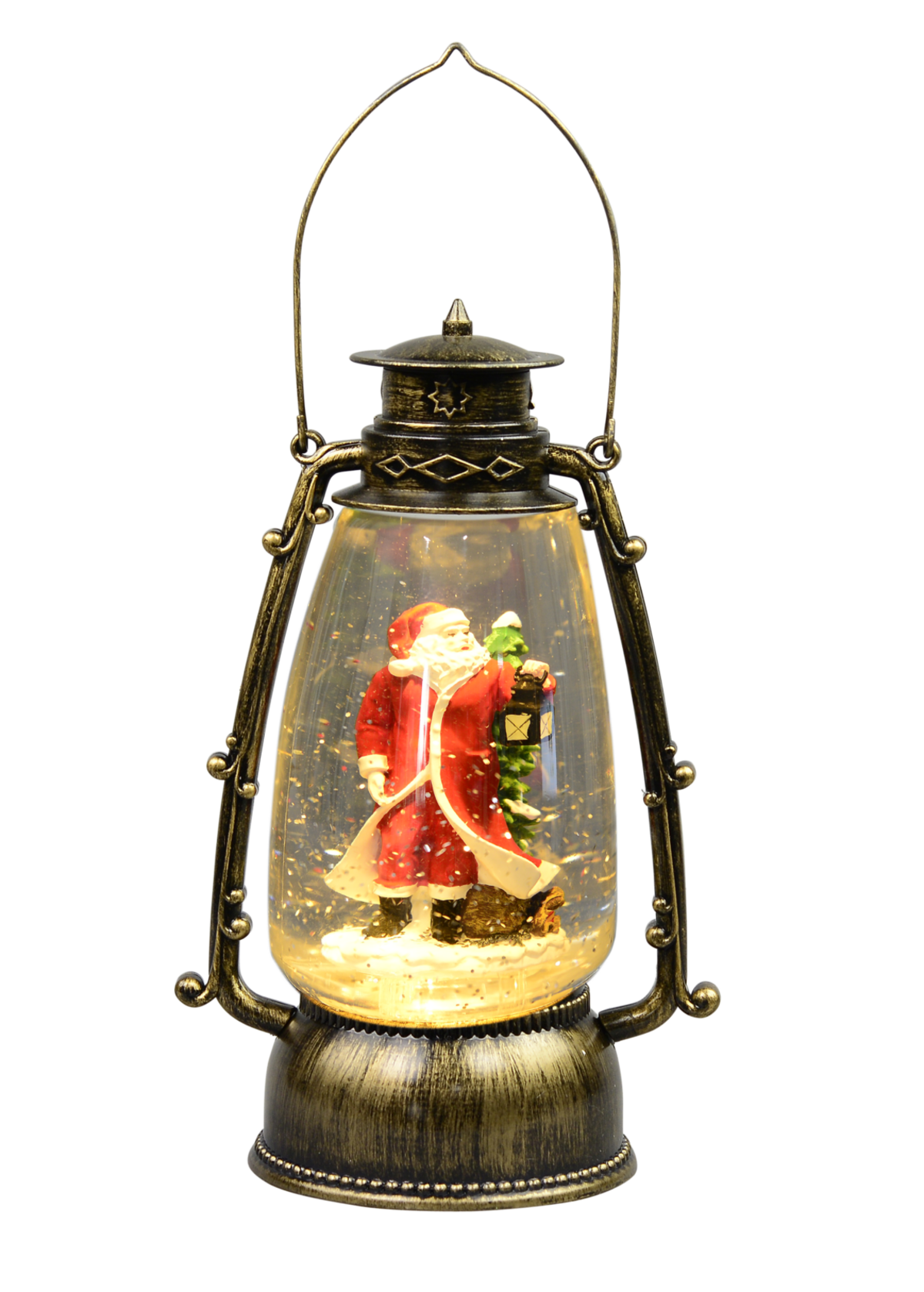 Santa In Antique Look Hurricane Lantern Snow Globe Ornament - 24cm