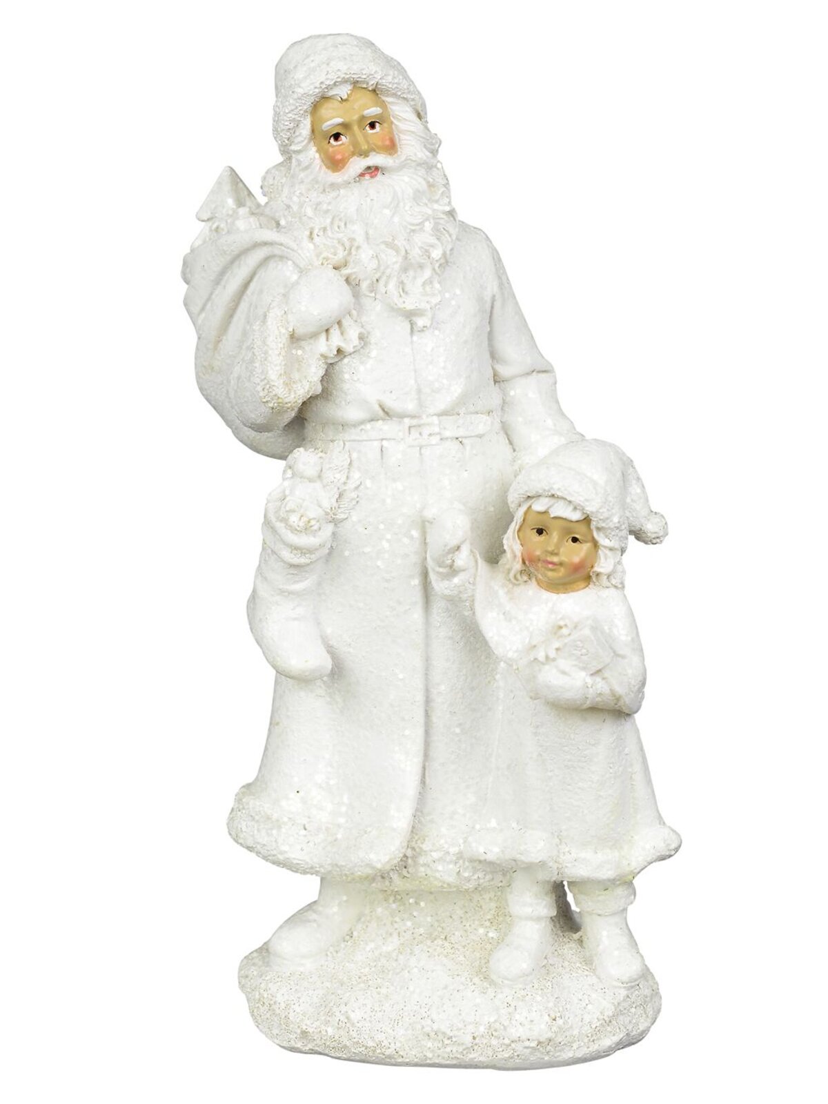 Santa In Winter White Suit With Child Standing Christmas Ornament - 23cm