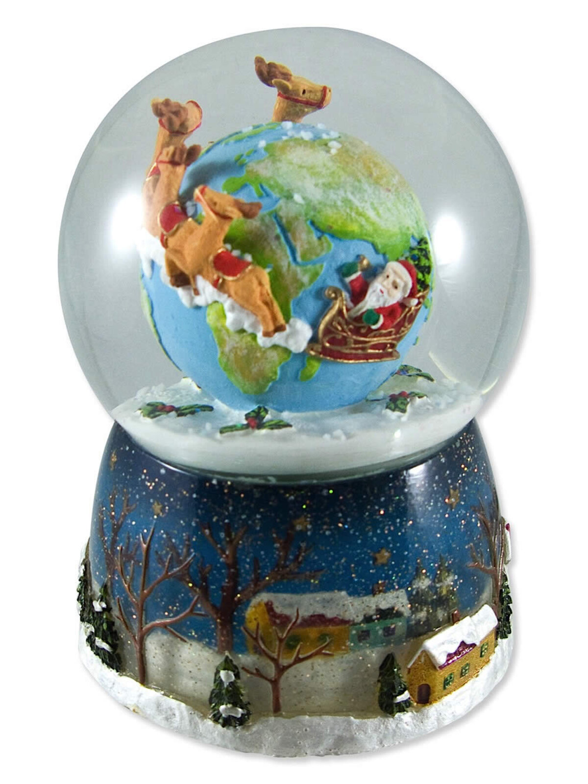 Santa & Reindeer Flying Around The World Snowglobe - 14cm