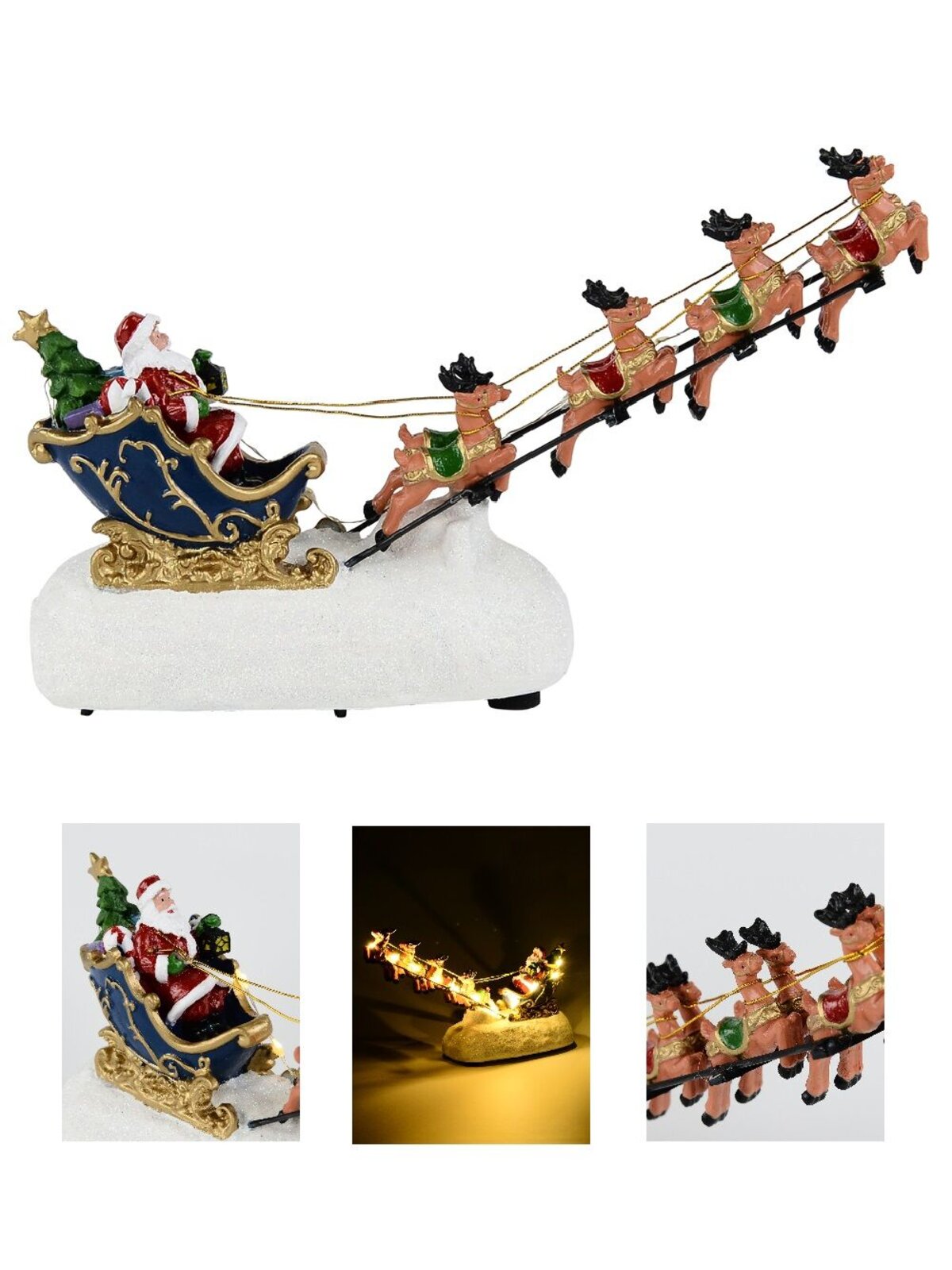Santa, Sleigh & Reindeers With LEDs Battery Christmas Village Scene - 26cm