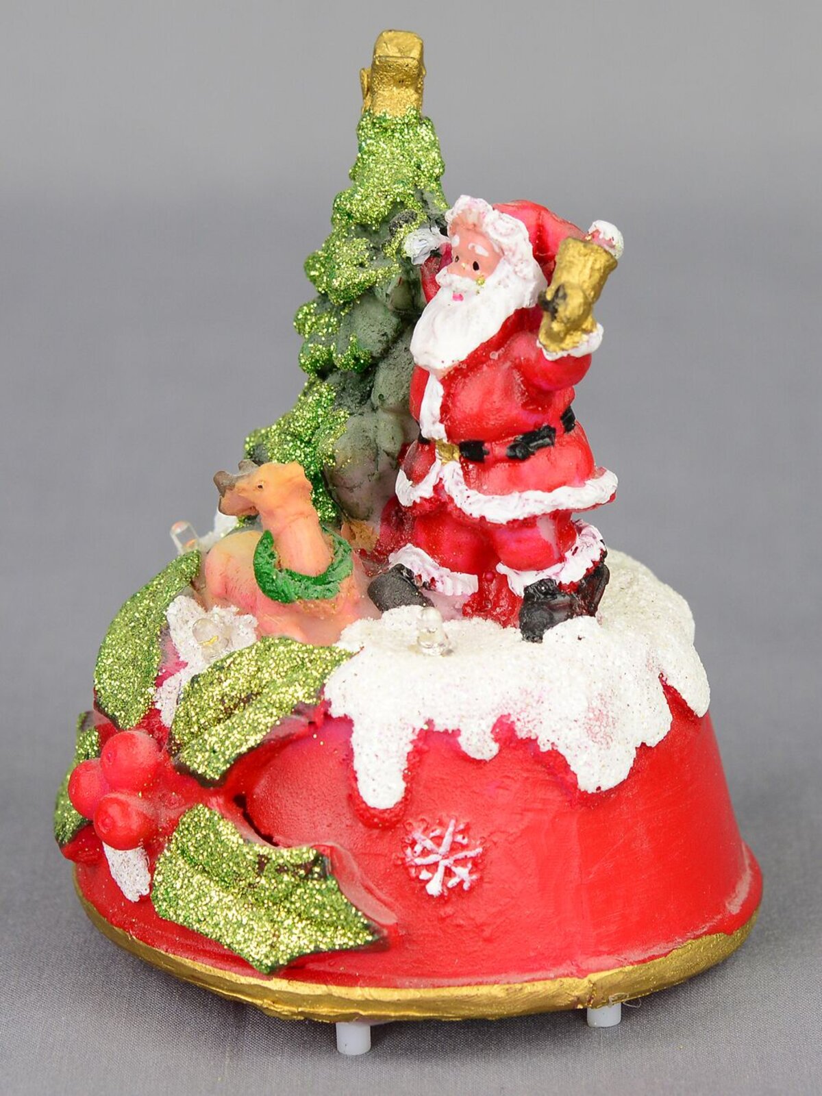 Santa with Tree & Reindeer On Red Snow Covered Dome With LED Lights - 13cm
