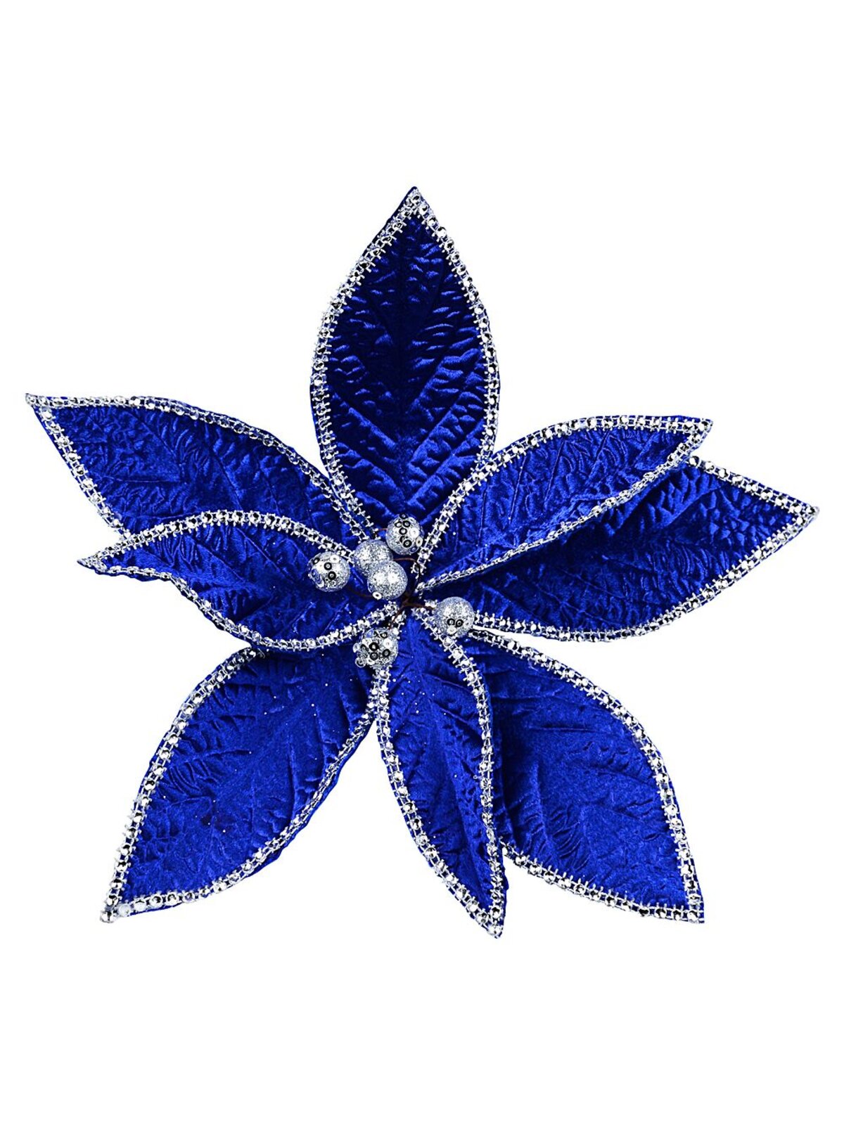 Sapphire Blue Velvet & Diamante Poinsettia Christmas Tree Clip Pick | 26cm