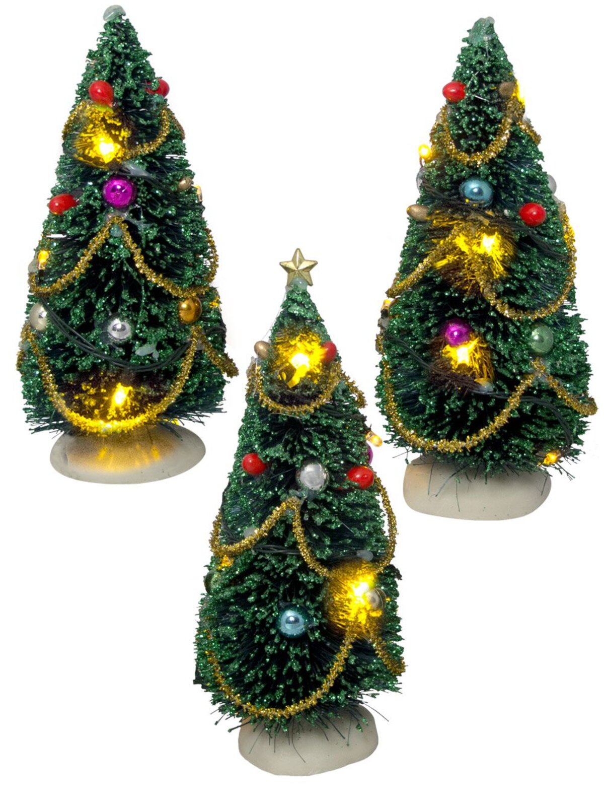 Set Of Three Pine Tree Figurines With Warm White Lights - 15cm