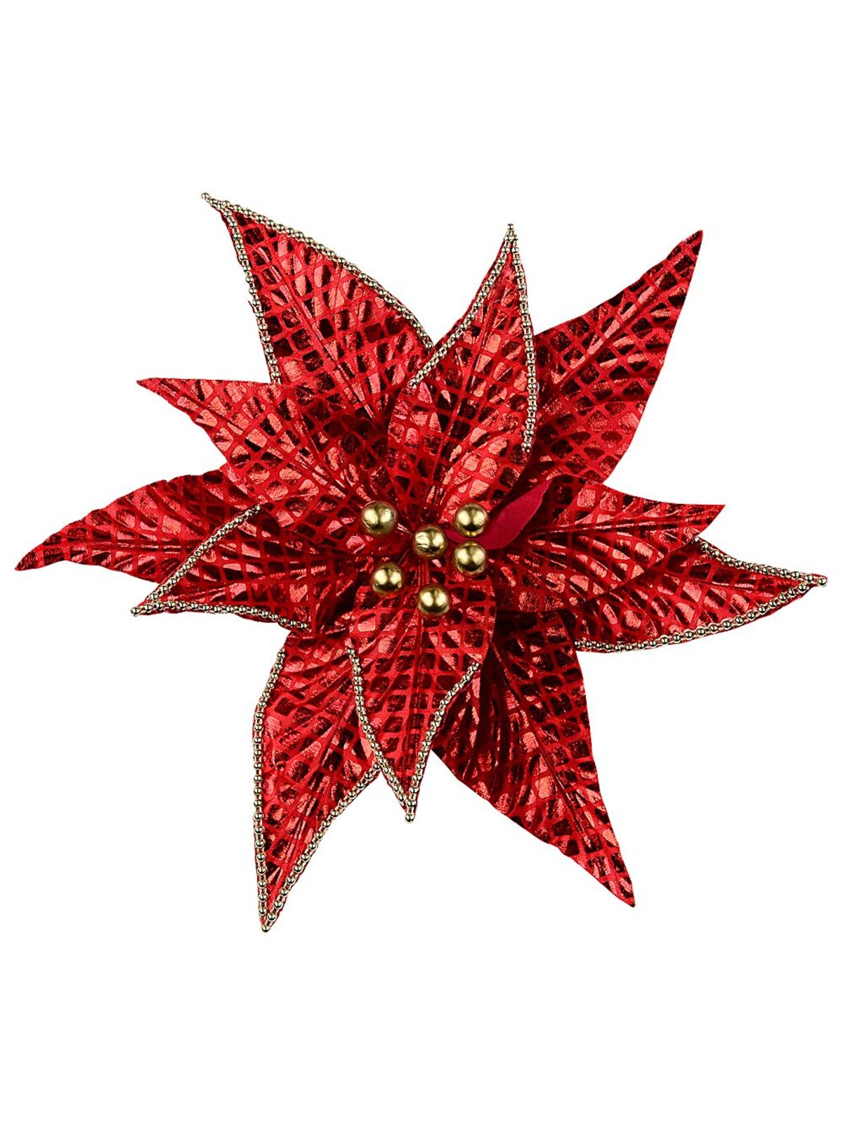 Shiny Red Grid Pattern & Gold Beads Poinsettia Christmas Tree Clip Pick | 36cm