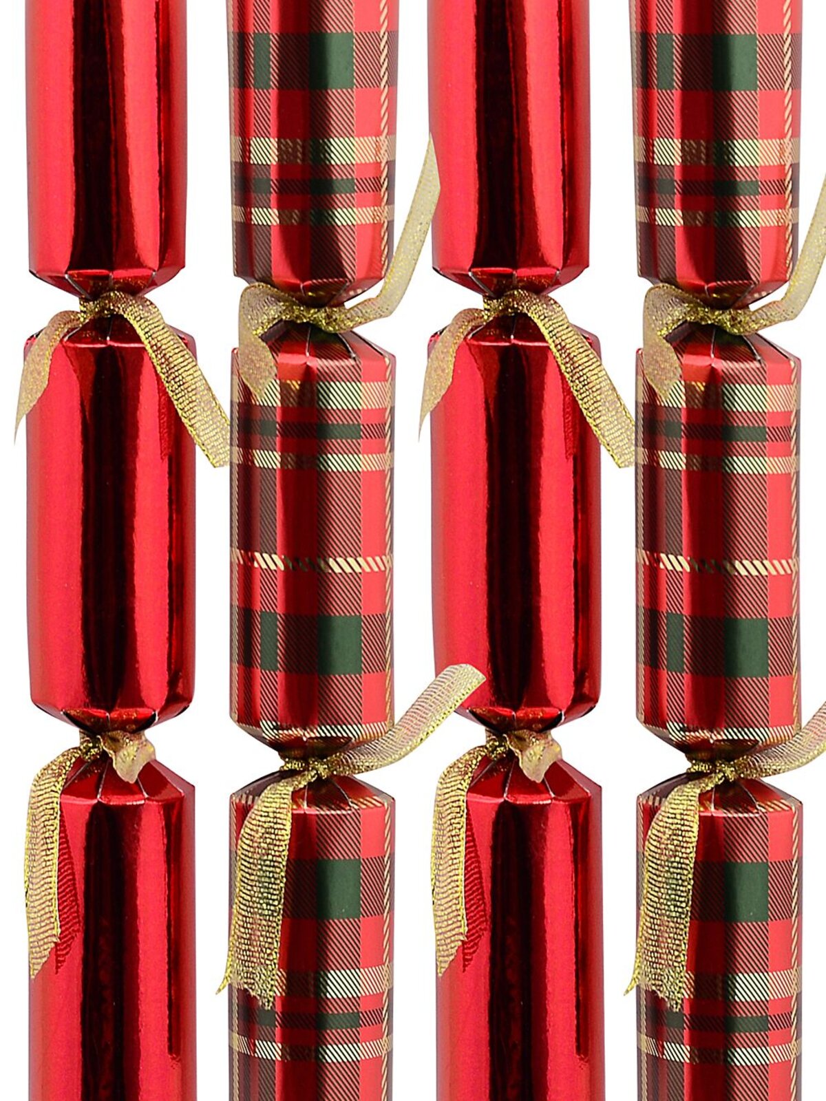 Shiny Red Plain & Tartan Look Christmas Cracker Bon Bons - 12 x 22cm