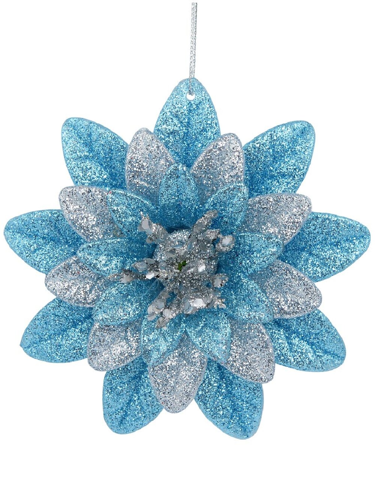 Silver & Blue Glitter Lotus Flower Whimsical Essential Ornament | 11cm