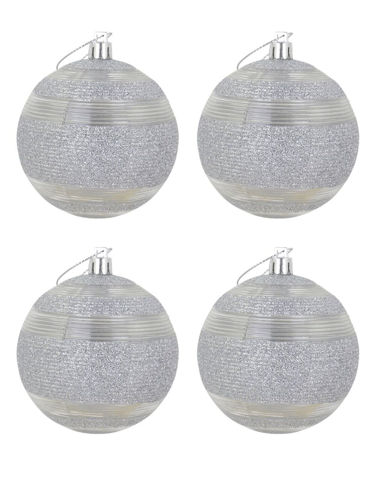 Silver Glitter Baubles With Clear Lined Trim - 4 x 80mm