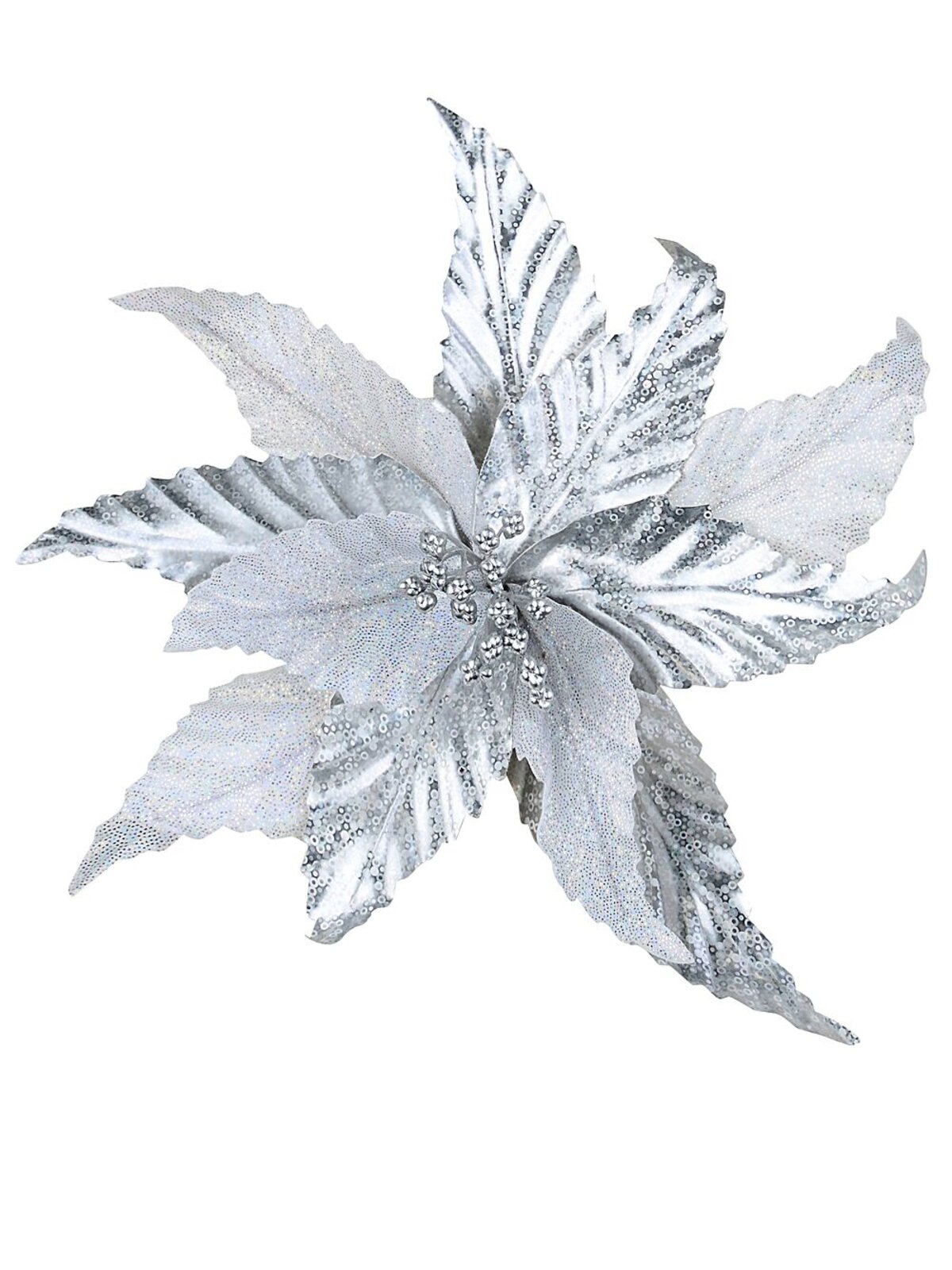 Silver Holographic & Iridescent Poinsettia Christmas Tree Clip Pick | 24cm