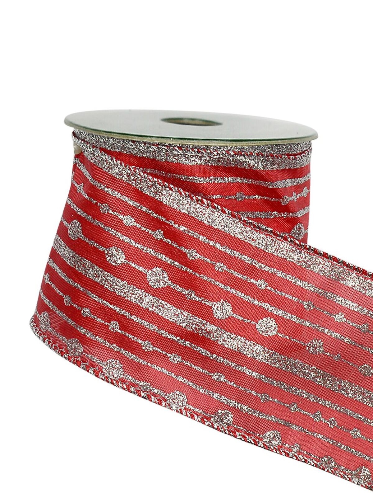 Silver Line & Dot Pattern On Red Ribbon - 3m