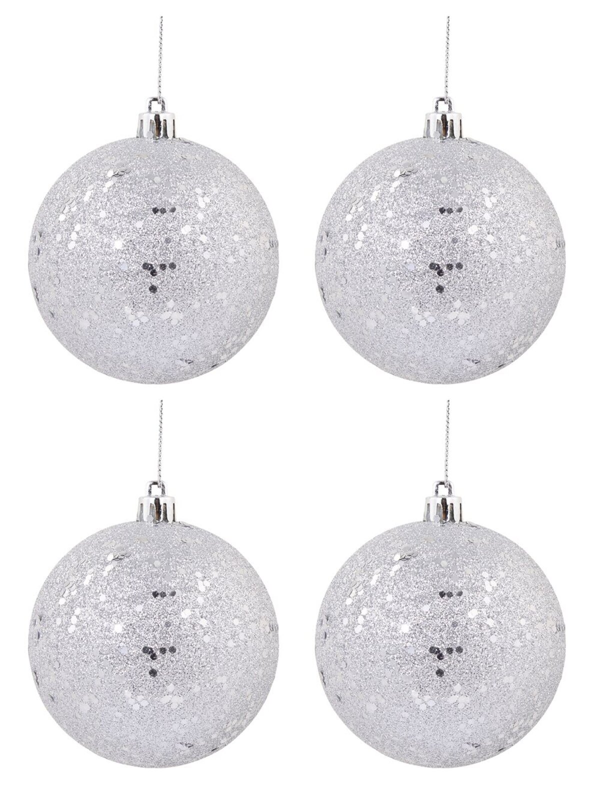 Silver Metallic Sequins & Glitter Coated Baubles - 4 x 80mm