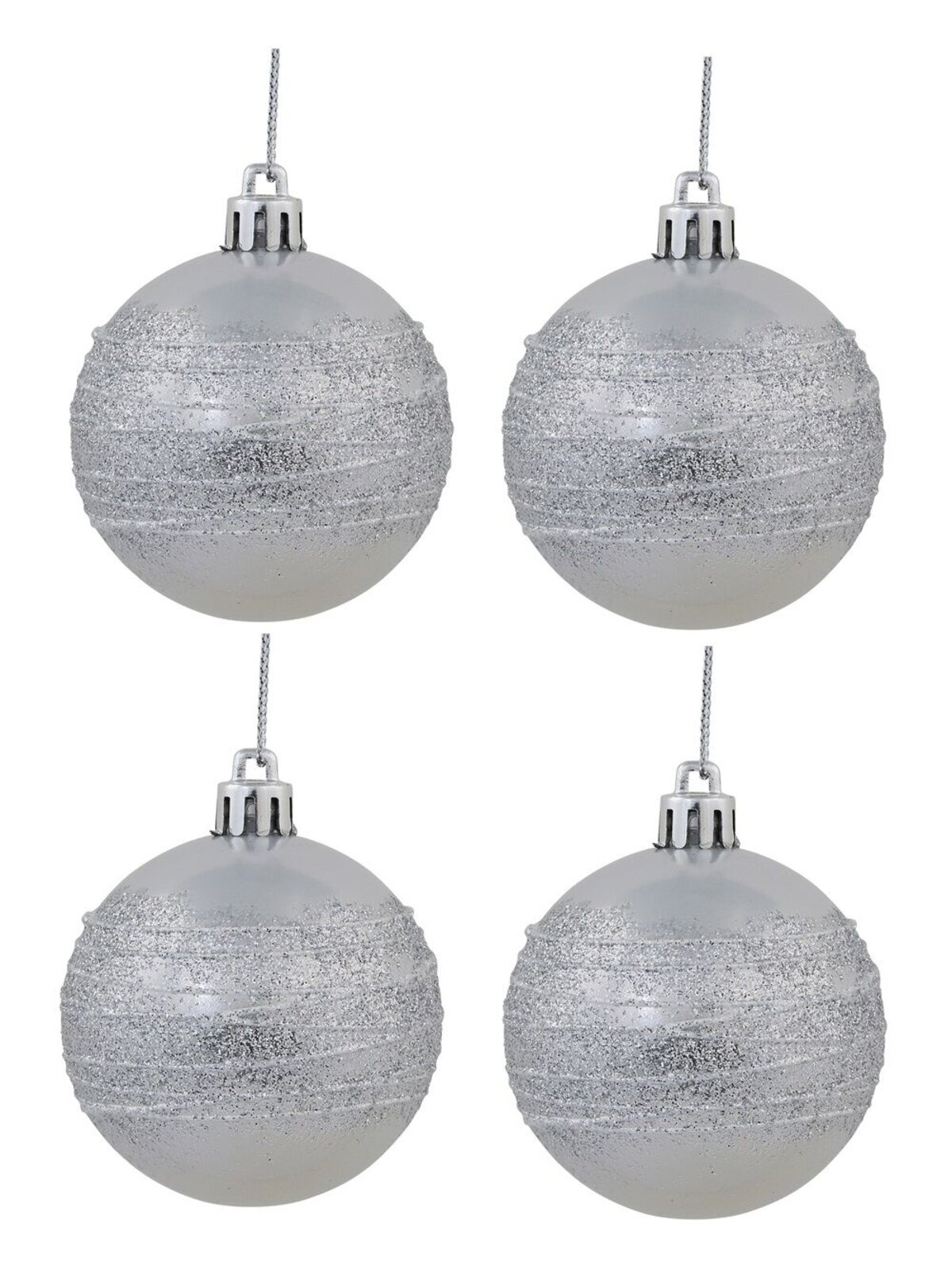 Silver Pearl Baubles With Silver Glittered White Stripes - 12 x 60mm 