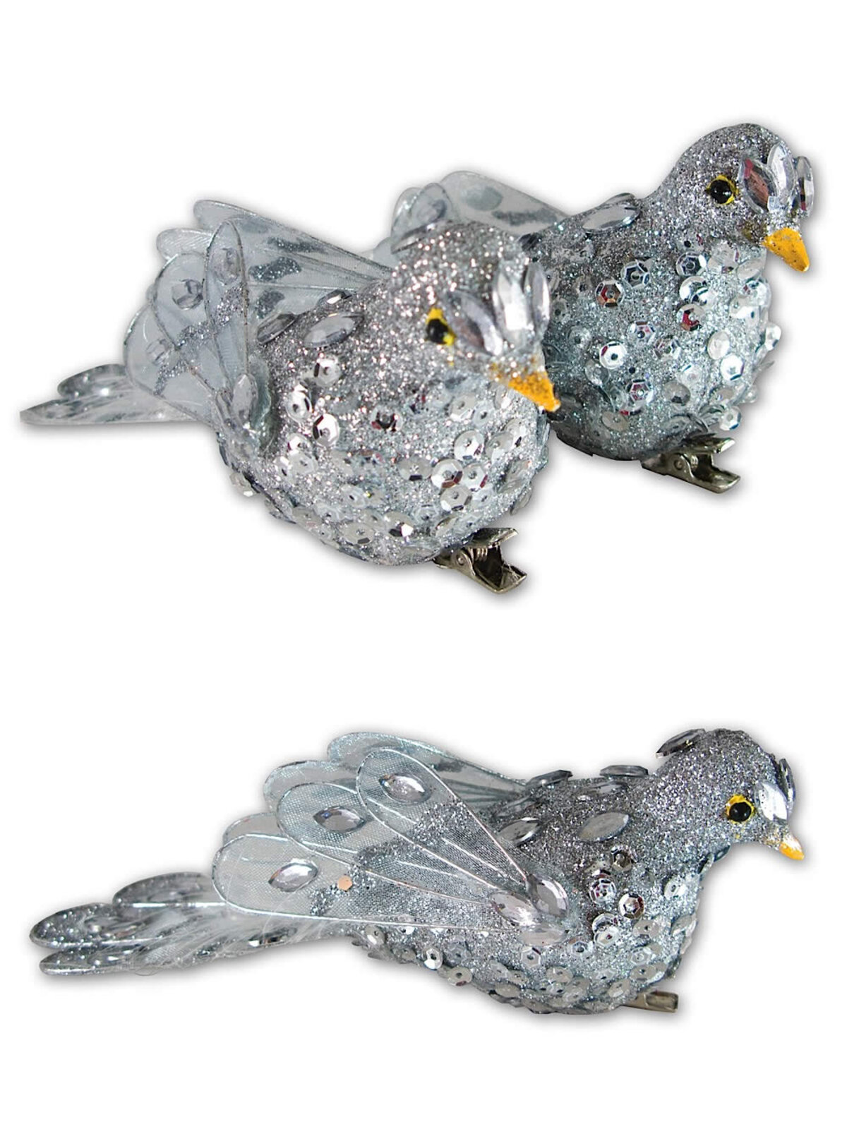 Silver Sequin Glitter Birds - 2 x 14cm