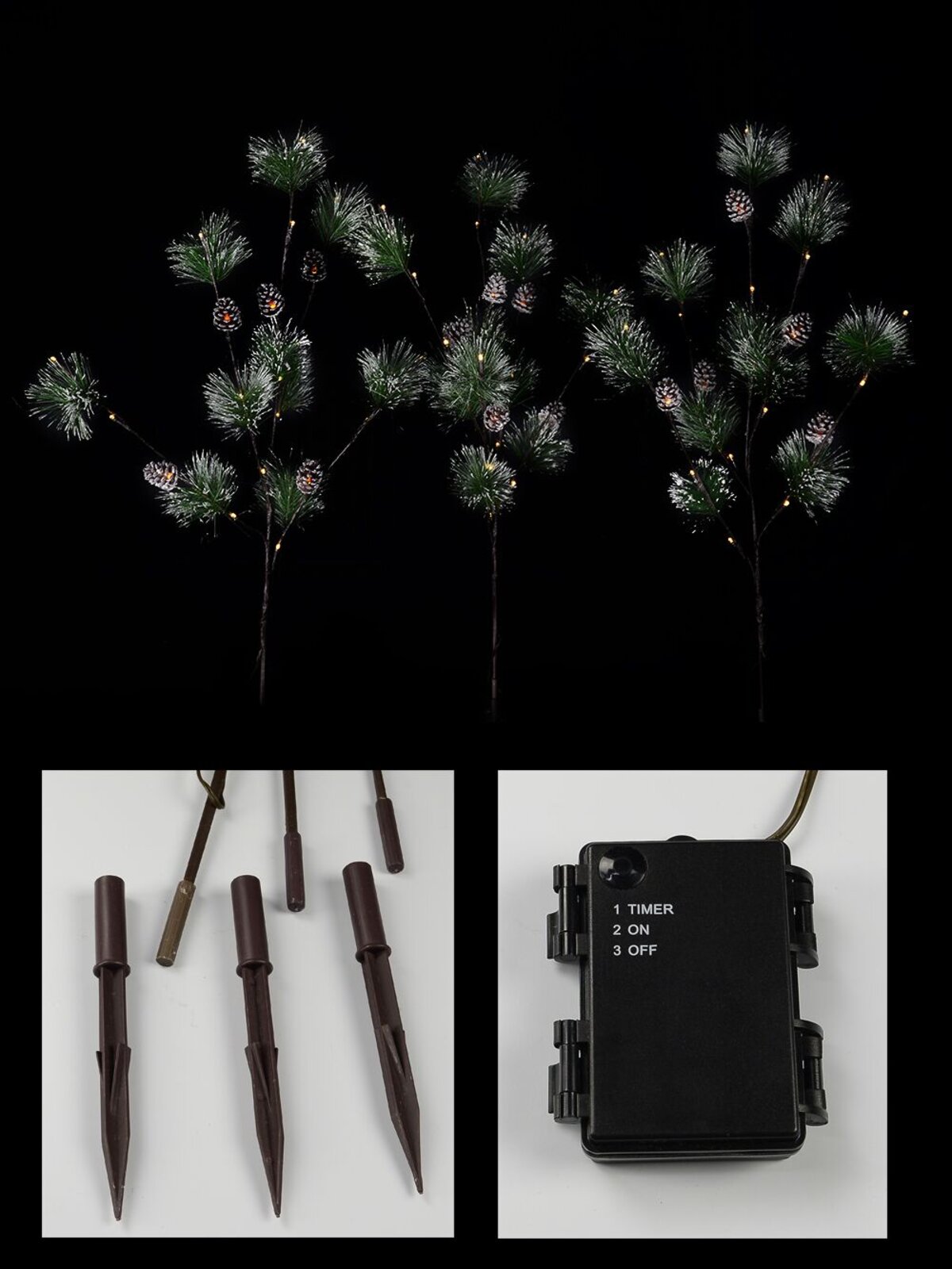 Snow Accented & Warm White LED Pine Branches Stakes - 3 x 93cm 