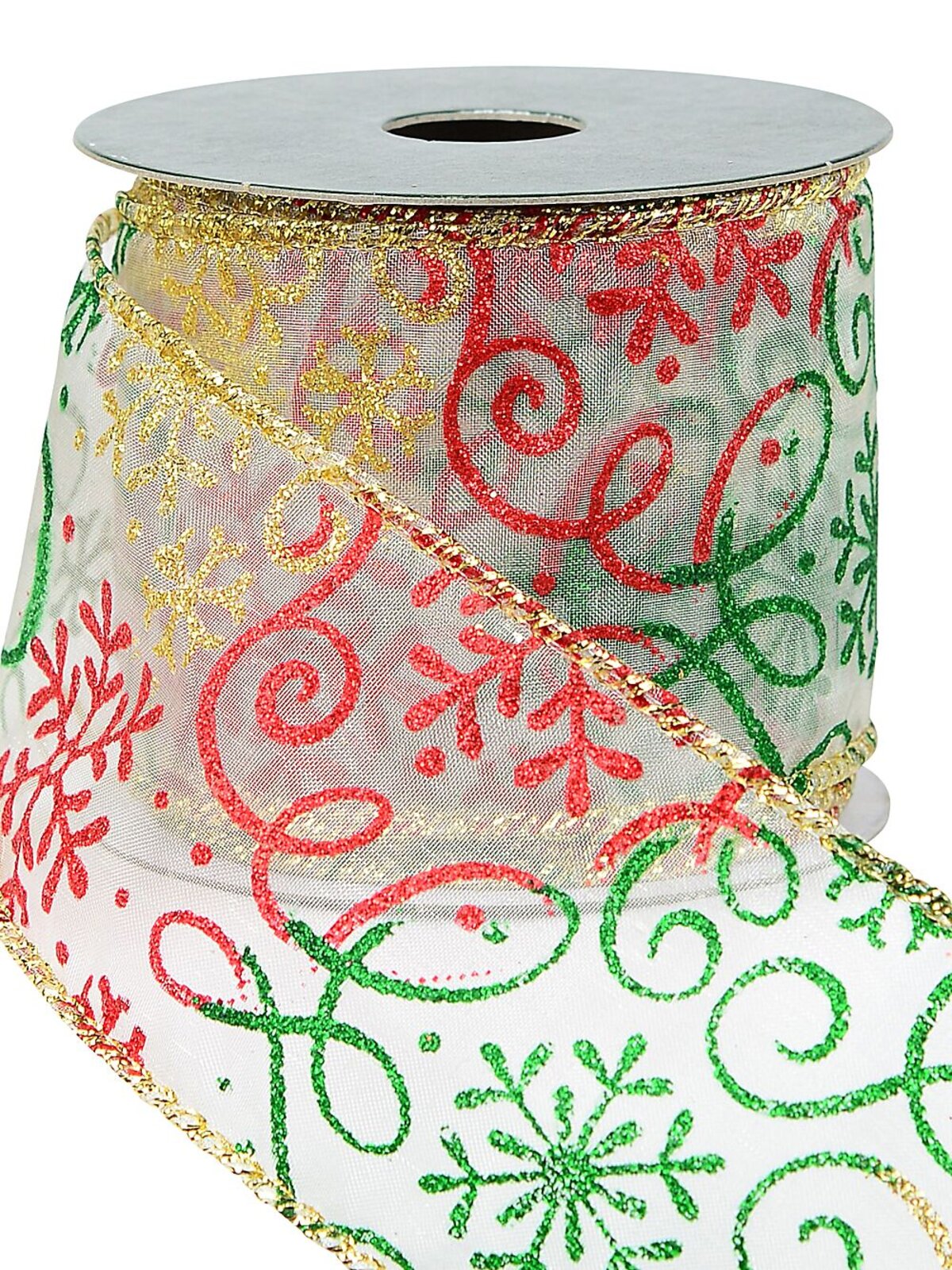 Snowflakes & Swirl Patterns On Sheer Wide Cut Ribbon | 3m x 63mm