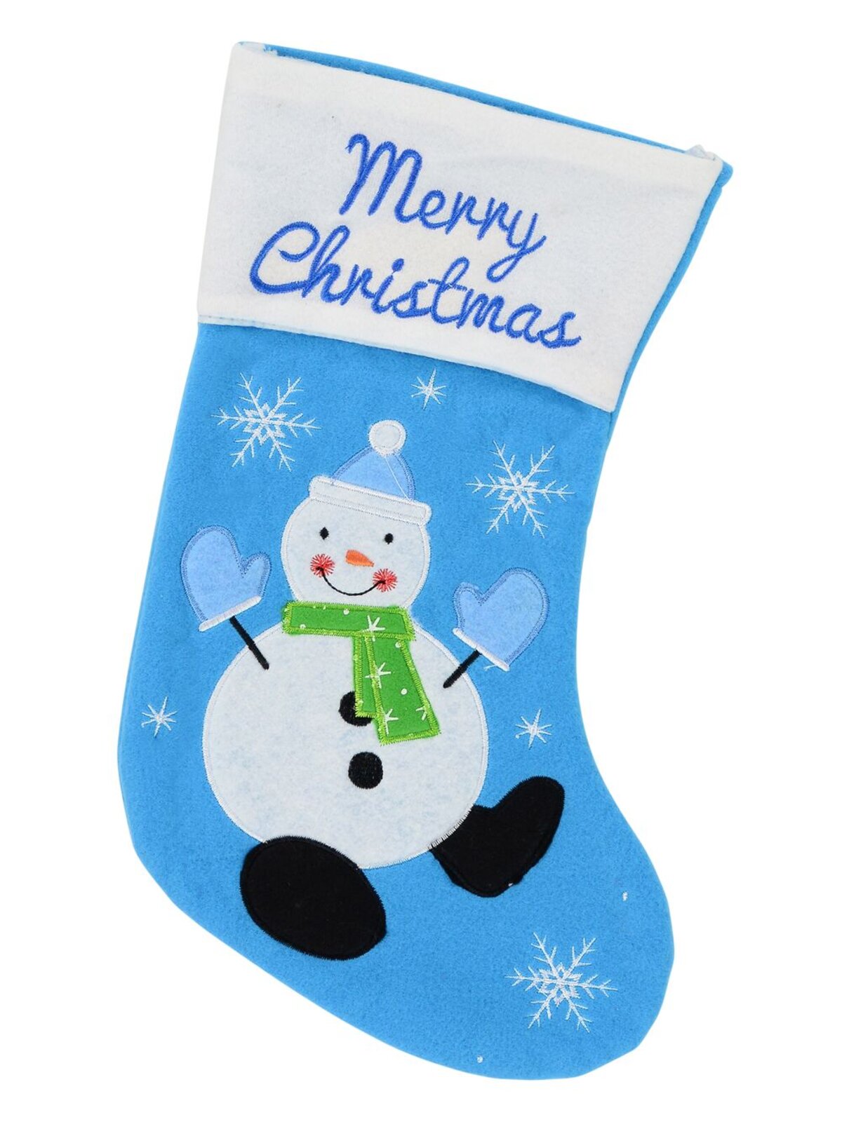 Snowman On Blue Fleece With Merry Christmas Christmas Stocking - 40cm