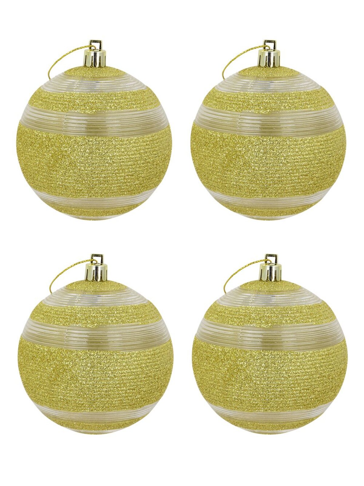 Soft Gold Glitter With Clear Lined Detail Baubles - 4 x 80mm