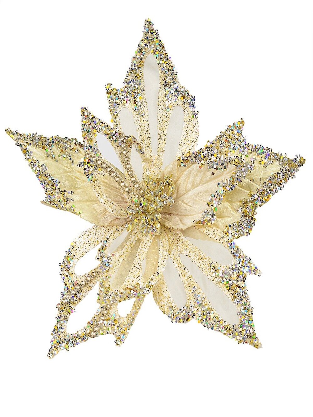 Soft Gold Poinsettia Pick With Clip & Diamante Detail - 32cm