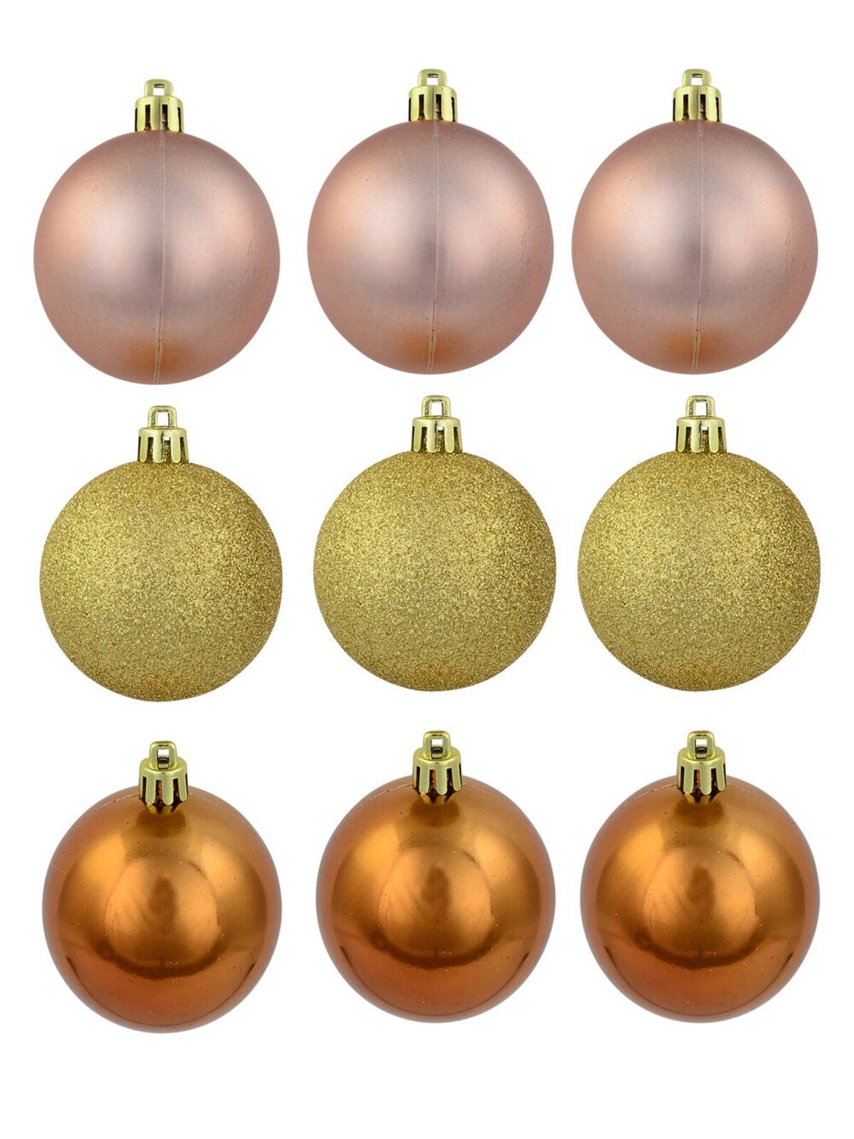Soft Pink Matte, Gold Glitter & Matte Bronze Baubles - 9 x 60mm