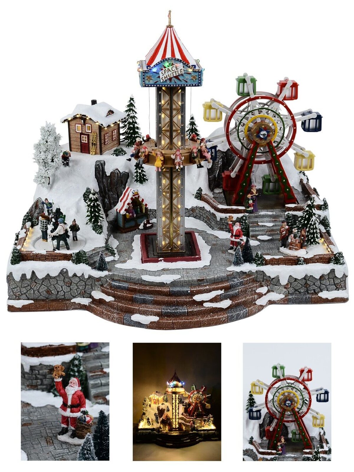 Theme Park Christmas Village Scene With Skiing, Big Drop & Ferris Wheel - 66cm