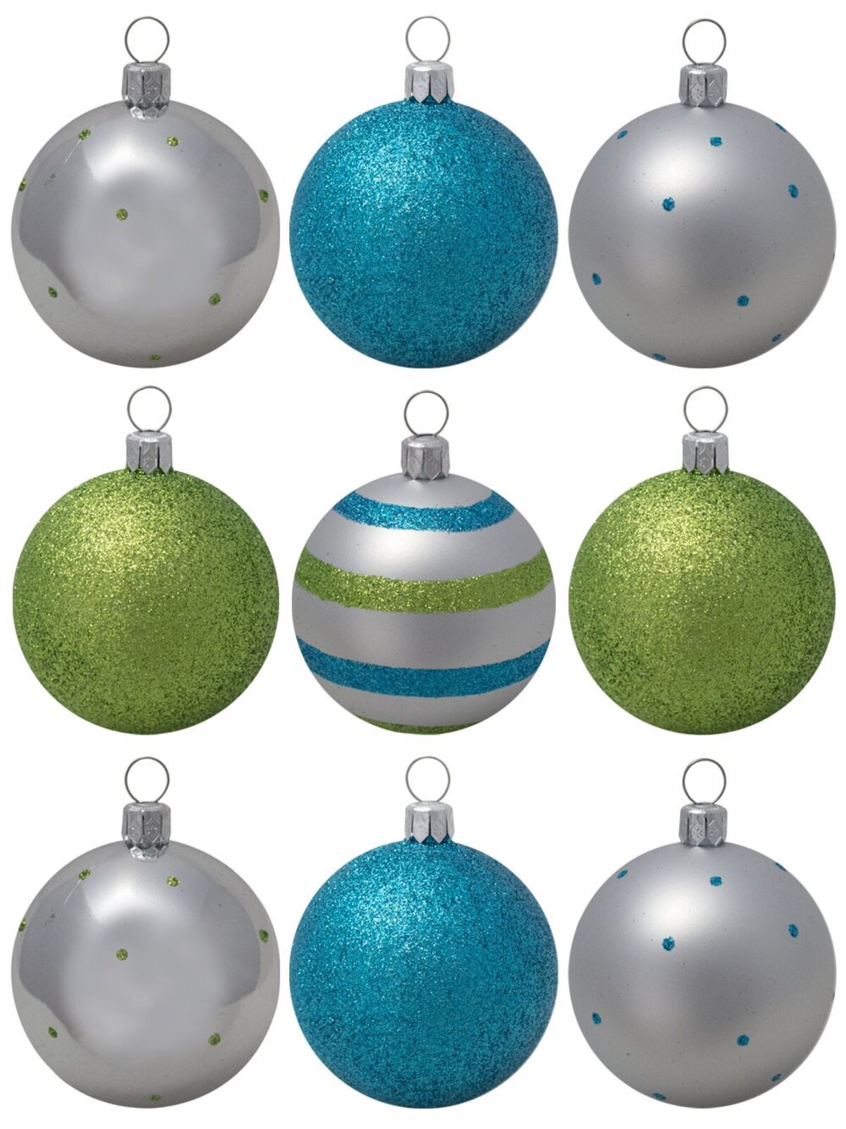 Turquoise, Lime & Silver Baubles With Assorted Patterns - 9 x 60mm 
