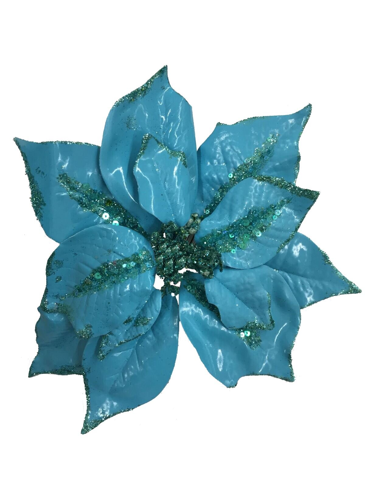Turquoise With Sequins Poinsettia Decorative Christmas Flower Pick - 28cm