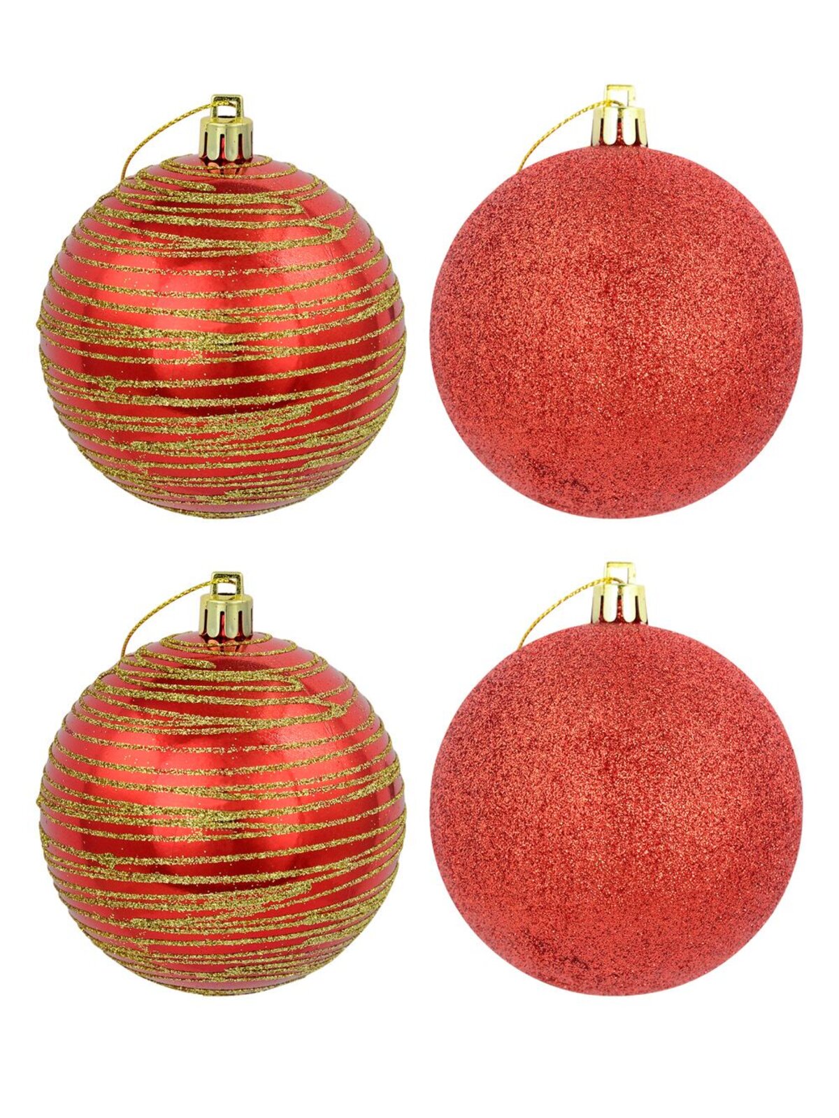 Watermelon Red Metallic Baubles With Glitter & Stripe Designs - 4 x 80mm