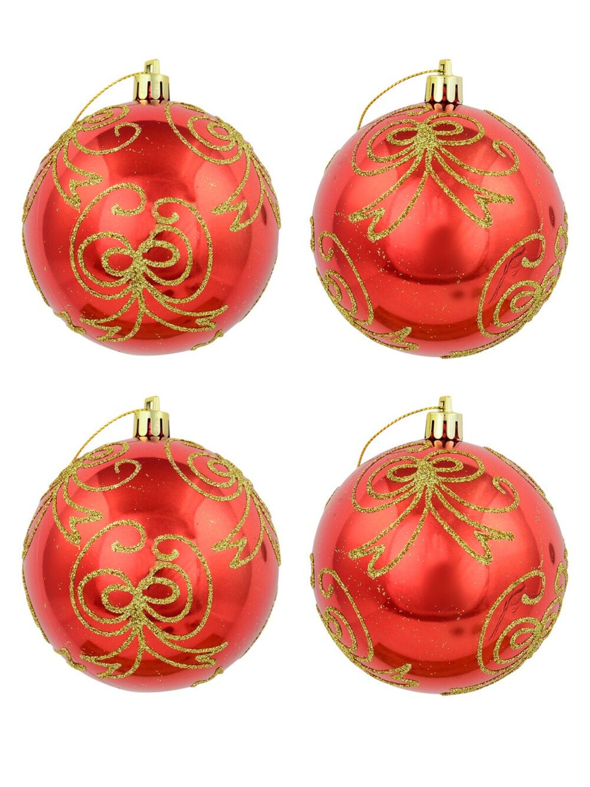 Watermelon Red Metallic Baubles With Gold Glitter Bow Designs - 4 x 80mm