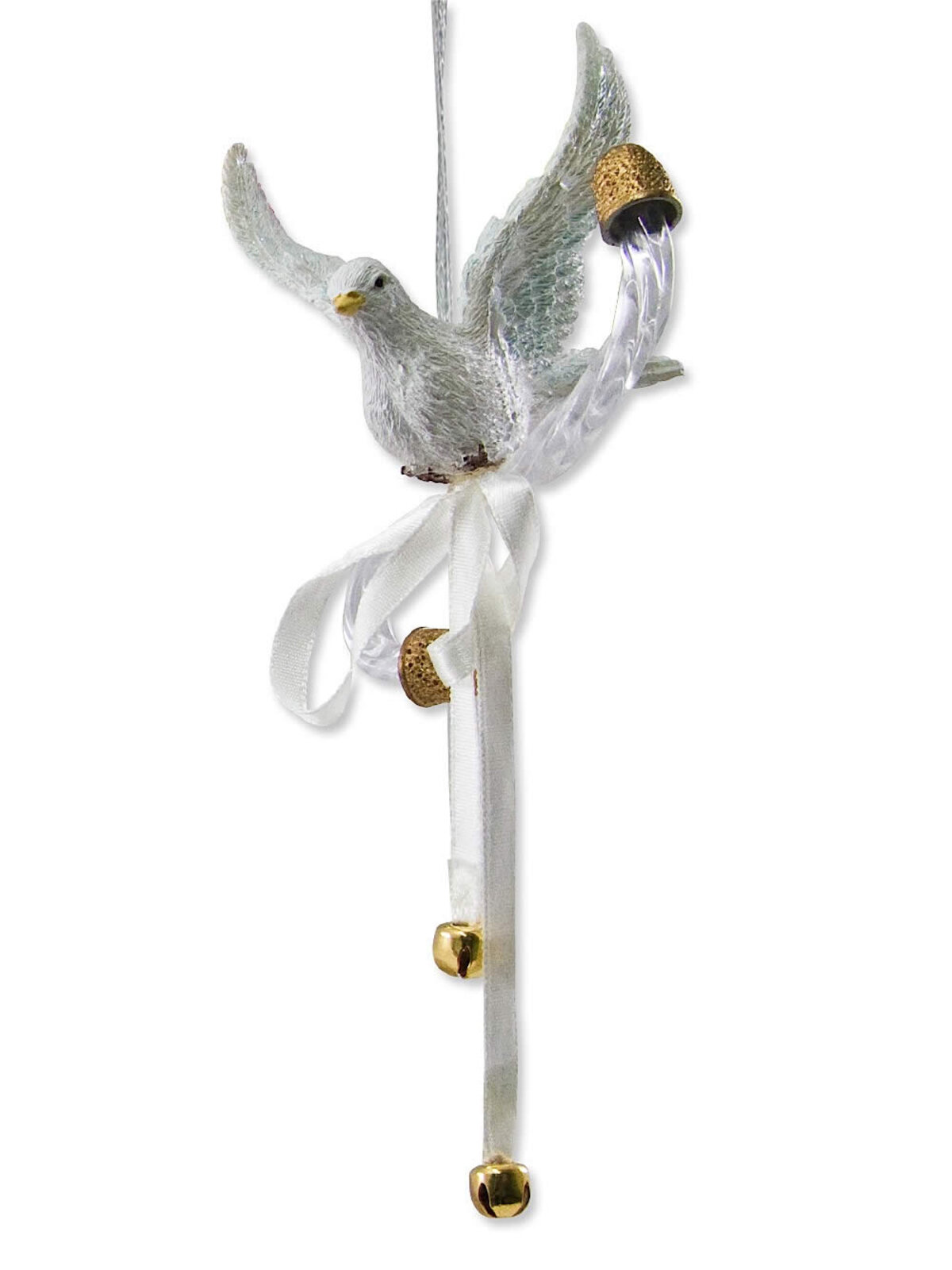 White Bird With Iridescent Glitter, Bow & Bells Hanging Ornament - 20cm
