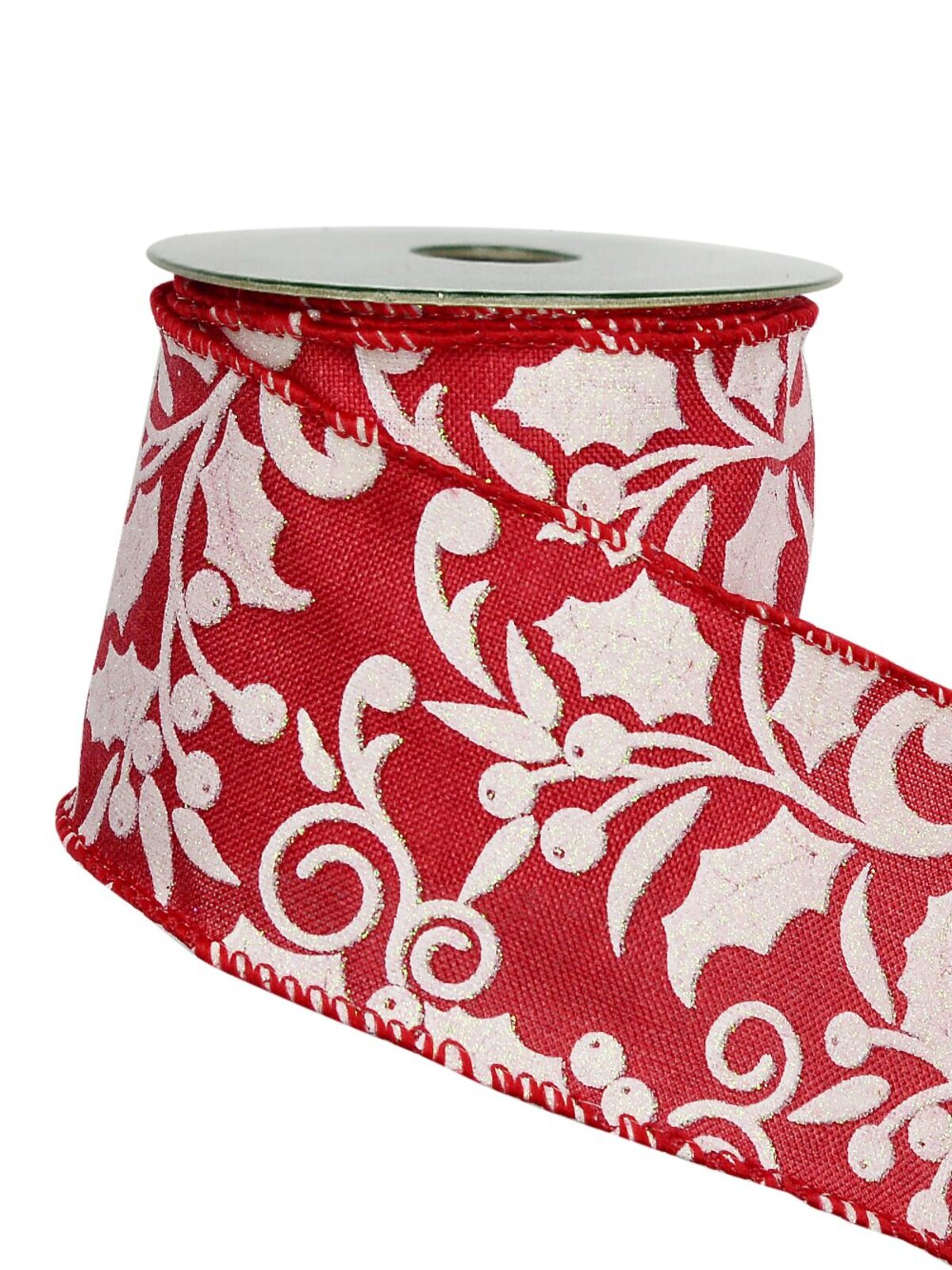 White Holly Leaf & Berry Pattern On Red Ribbon - 3m