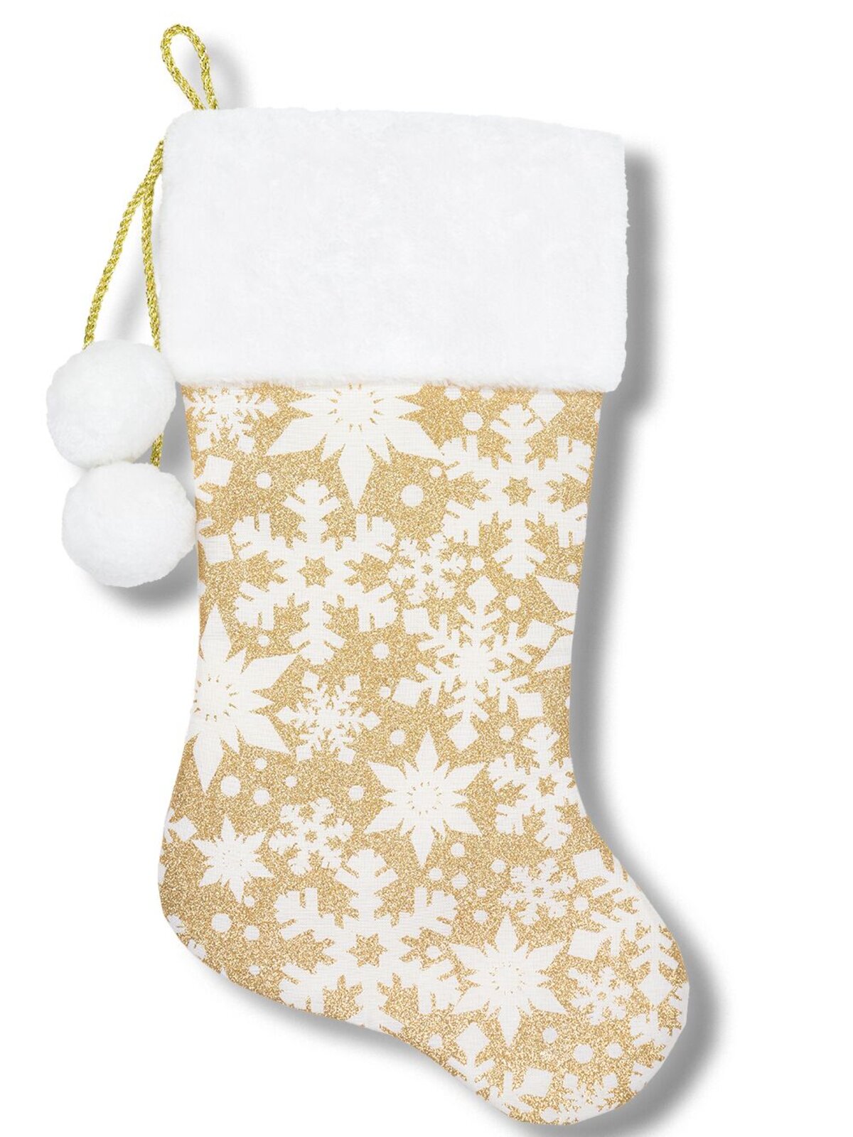 White Satin & Gold Glitter Snowflakes Christmas Stocking With Pom Poms | 48cm