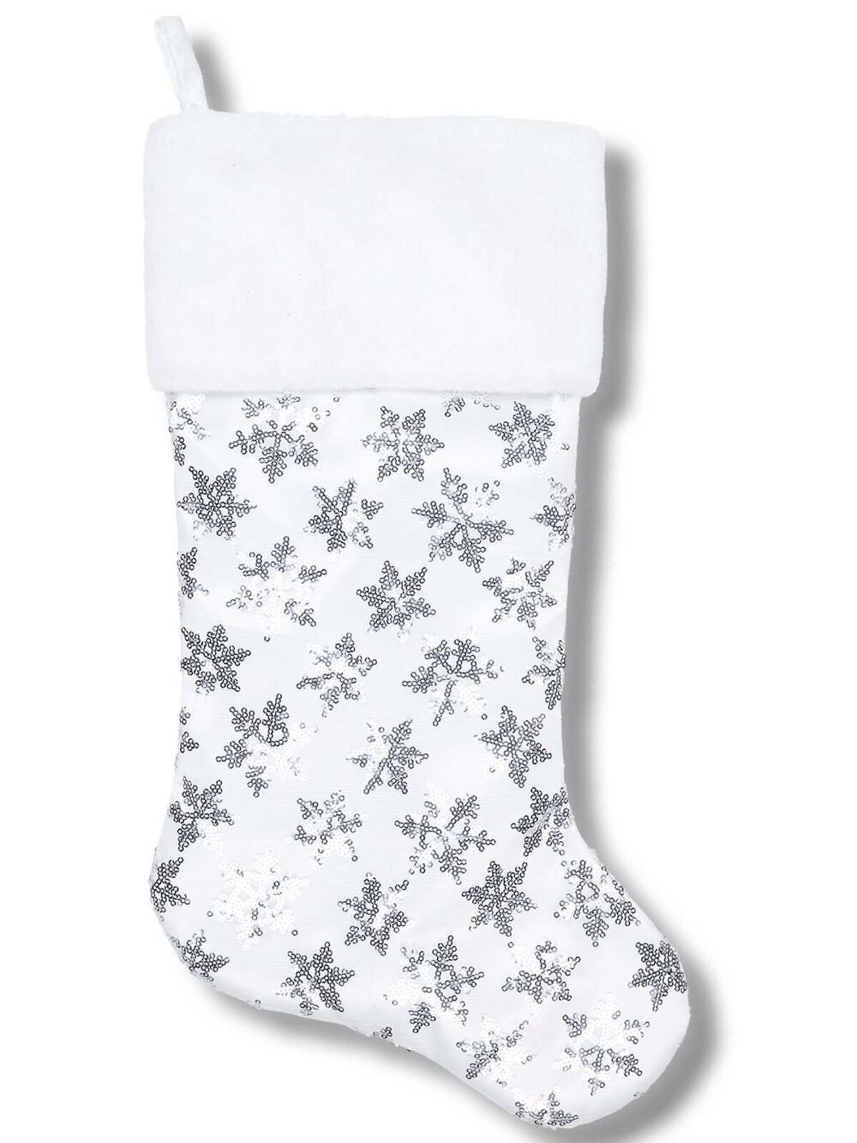 White Satin & Silver Sequin Snowflakes Christmas Stocking | 48cm