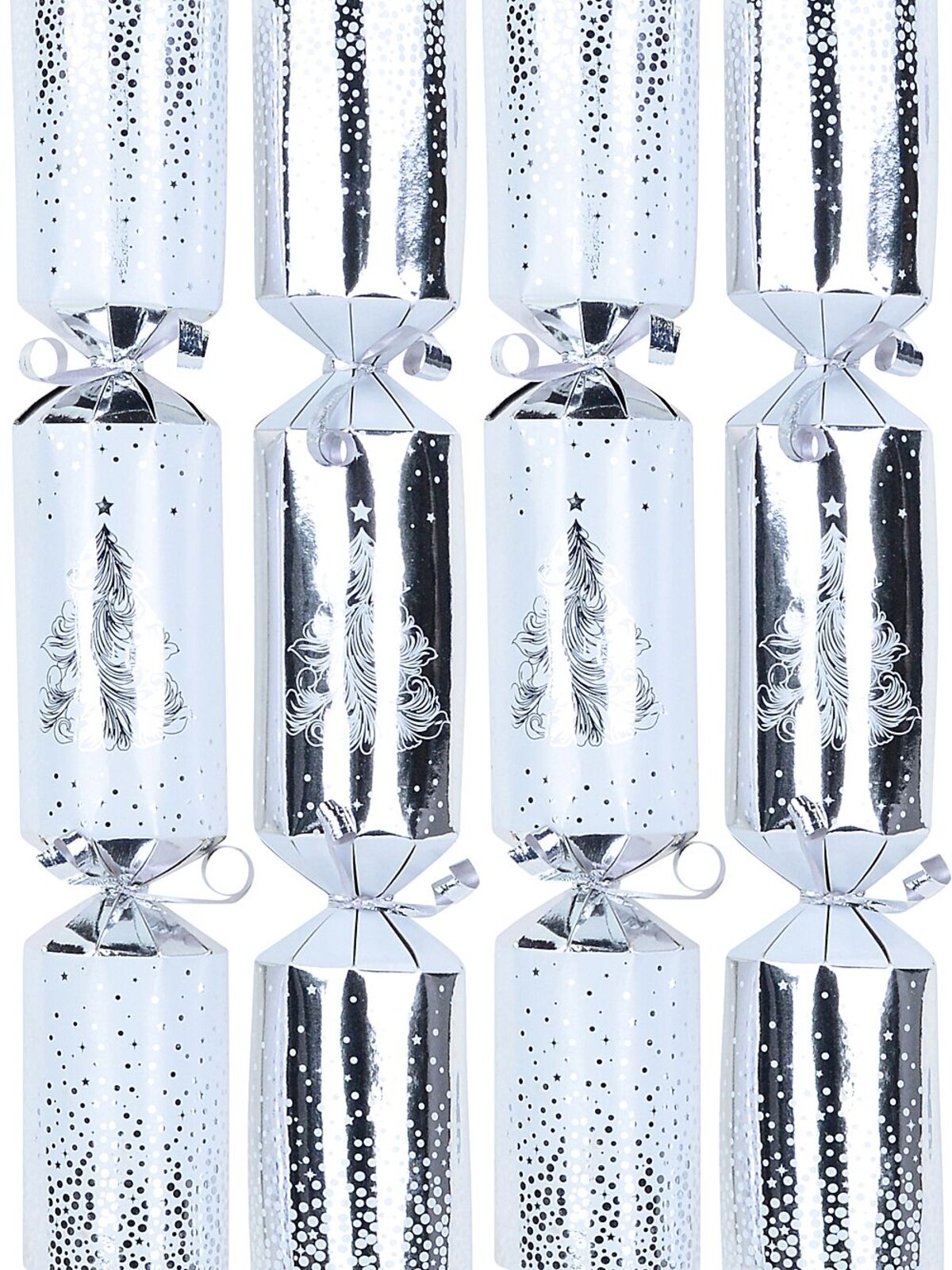 White & Shiny Silver With Tree & Stars Christmas Cracker Bon Bons - 12 x 30cm