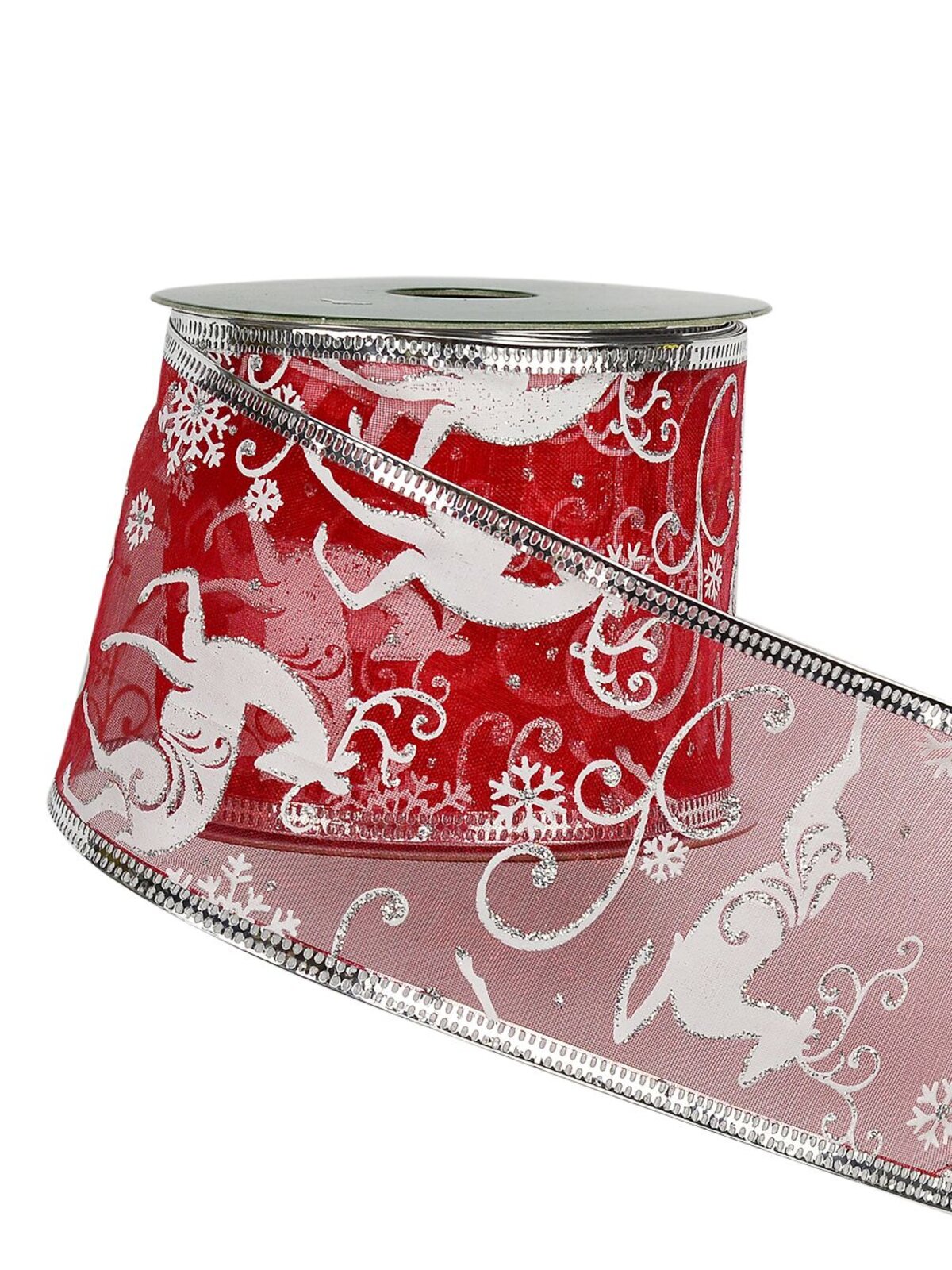 White & Silver Deer Pattern On Red Organza Ribbon - 3m