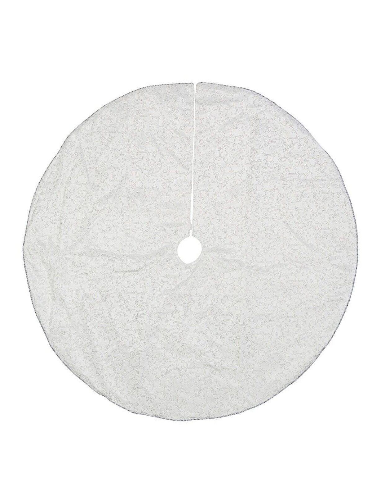White Velvet With Silver Print & Cord Trim Christmas Tree Skirt - 1.2m