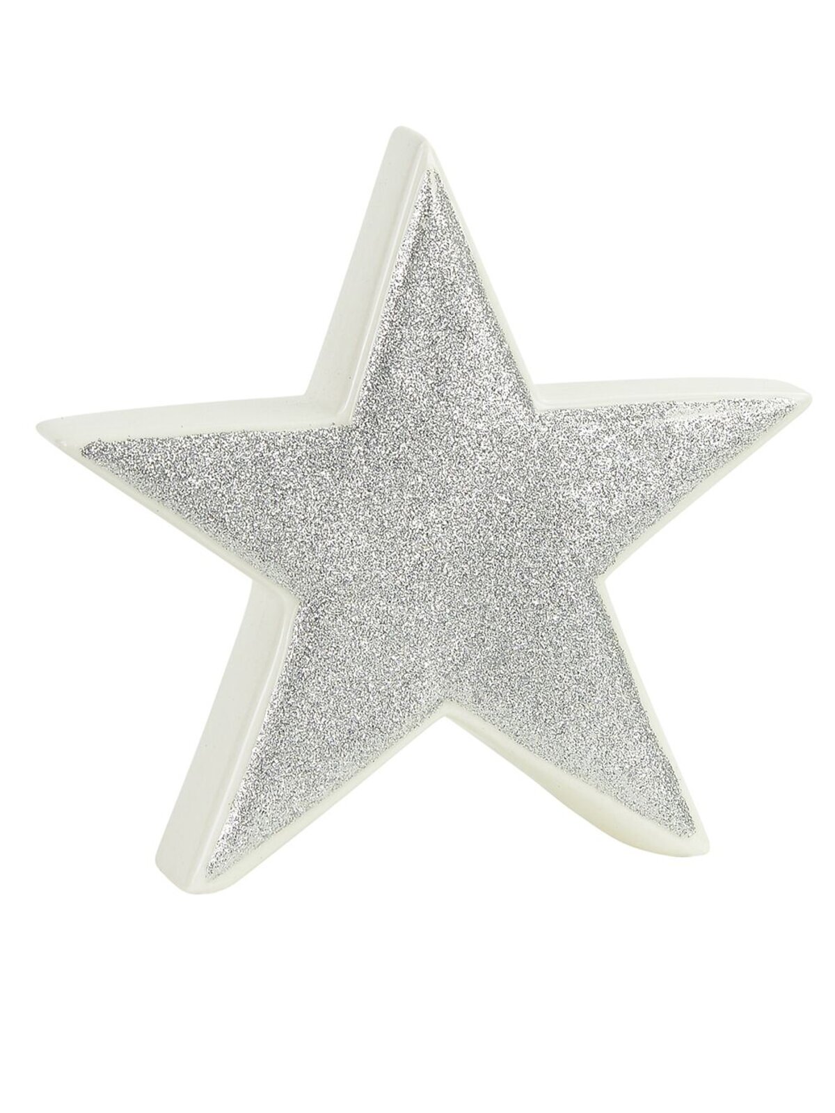 White With Silver Glitter Free Standing Star Ceramic Christmas Ornament - 17cm