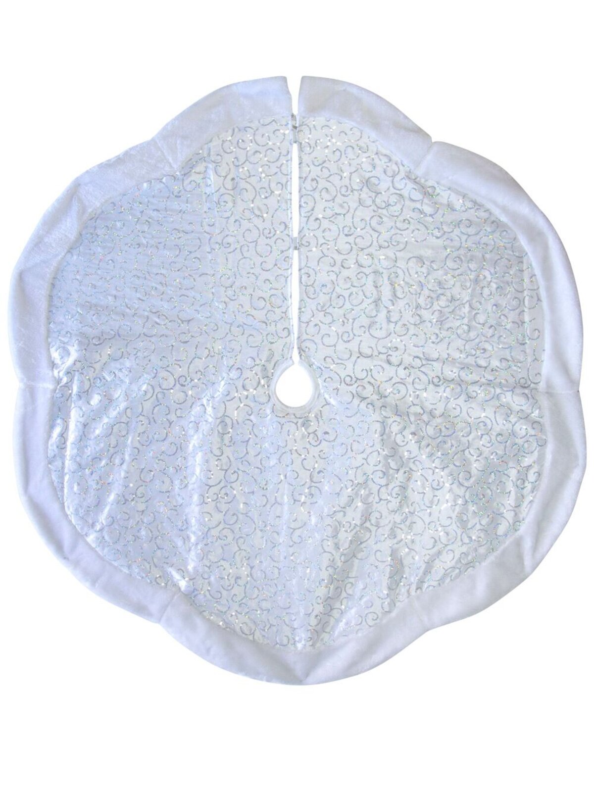 White With Silver Sequin Pattern & White Trim Tree Skirt - 1.2m