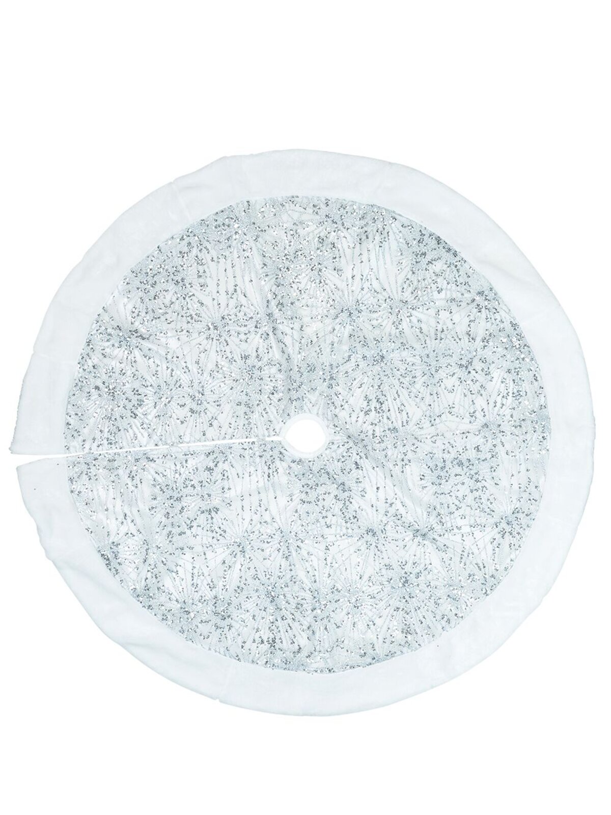 White With Silver Sequin Starburst Pattern & Fur Trim Tree Skirt - 1.2m