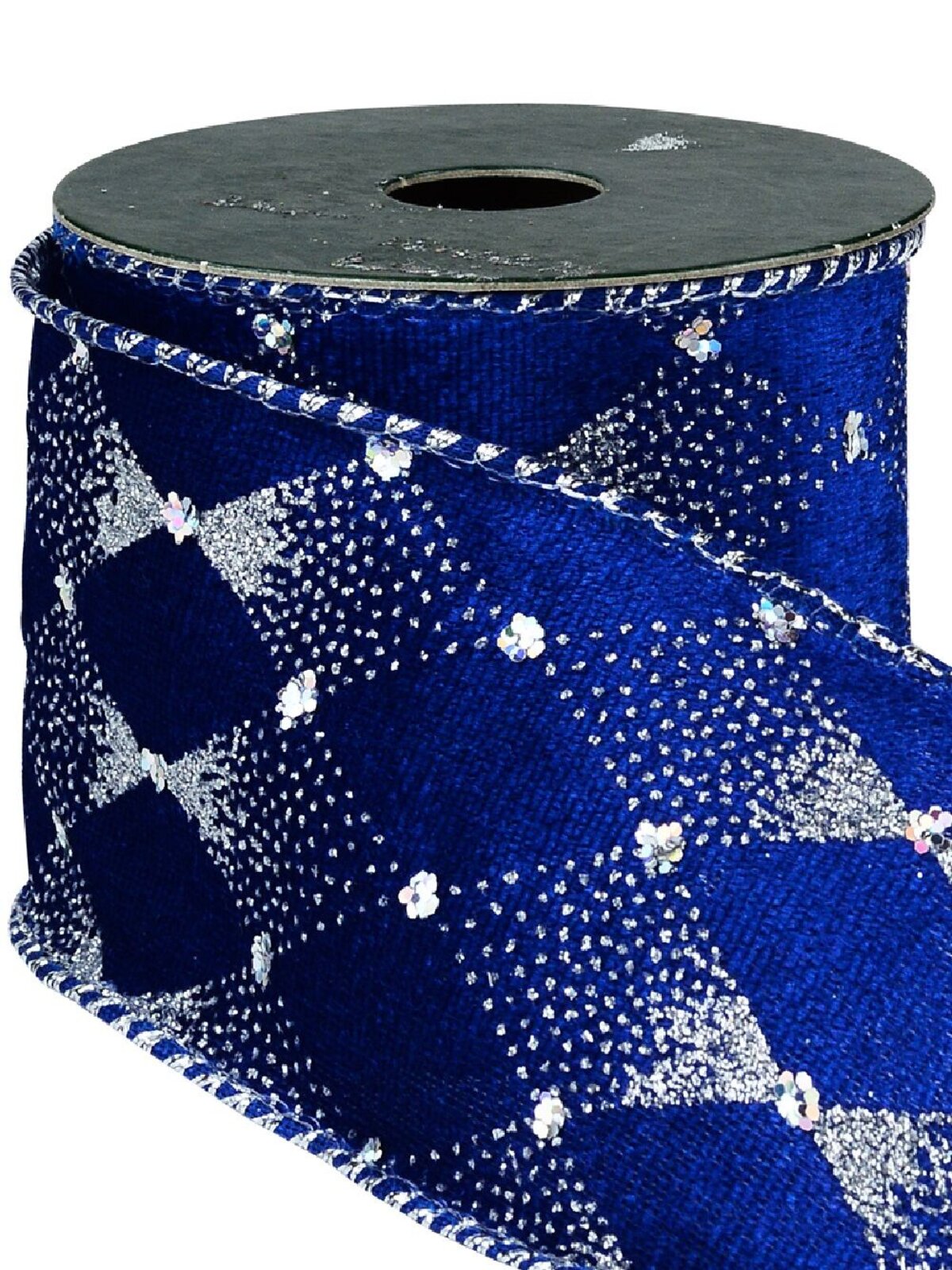 Wired Blue Velvet Ribbon With Silver Diamond Pattern | 3m x 63mm