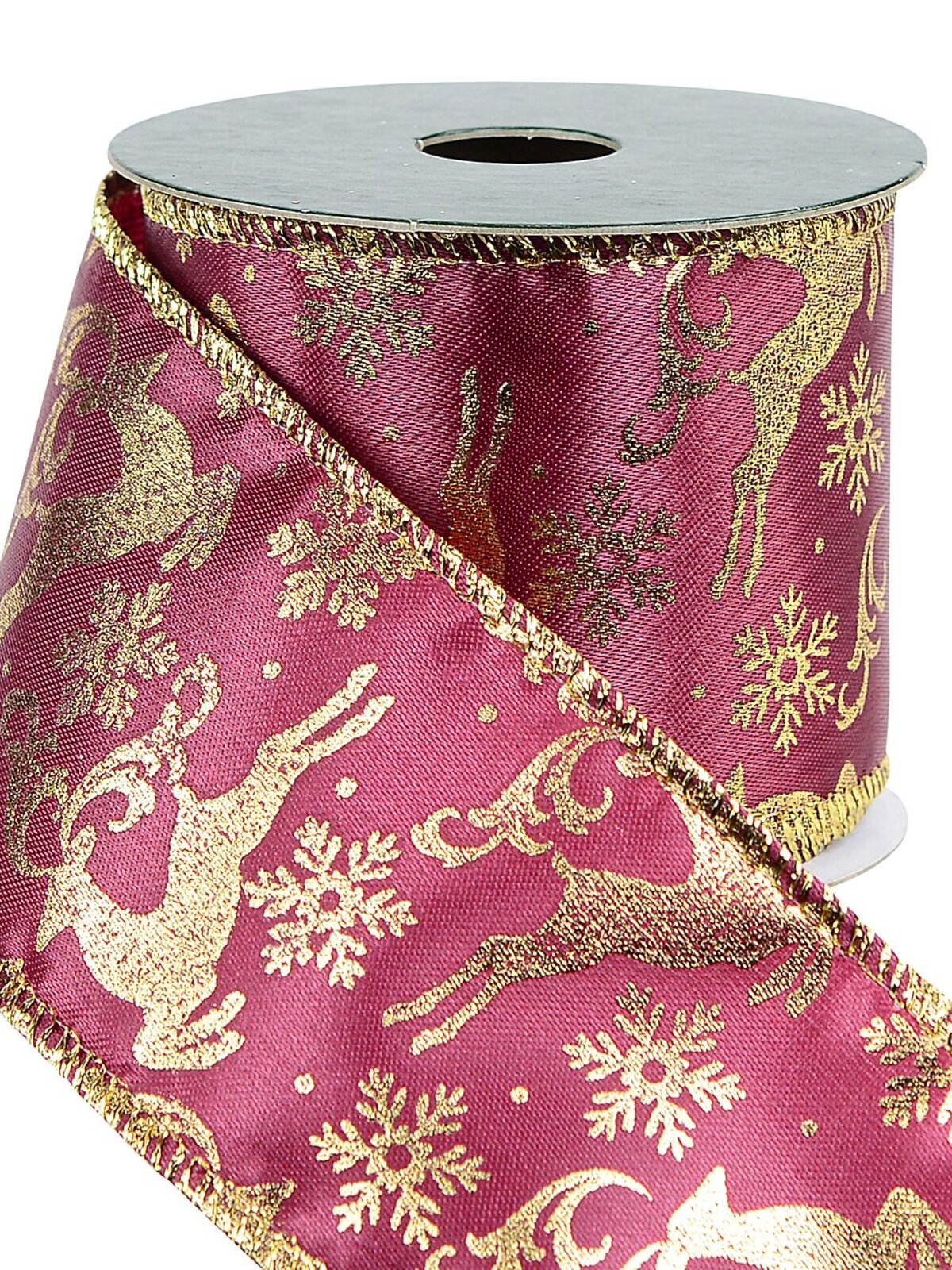 Wired Burgundy Ribbon With Gold Reindeer & Snowflakes | 3m x 63mm