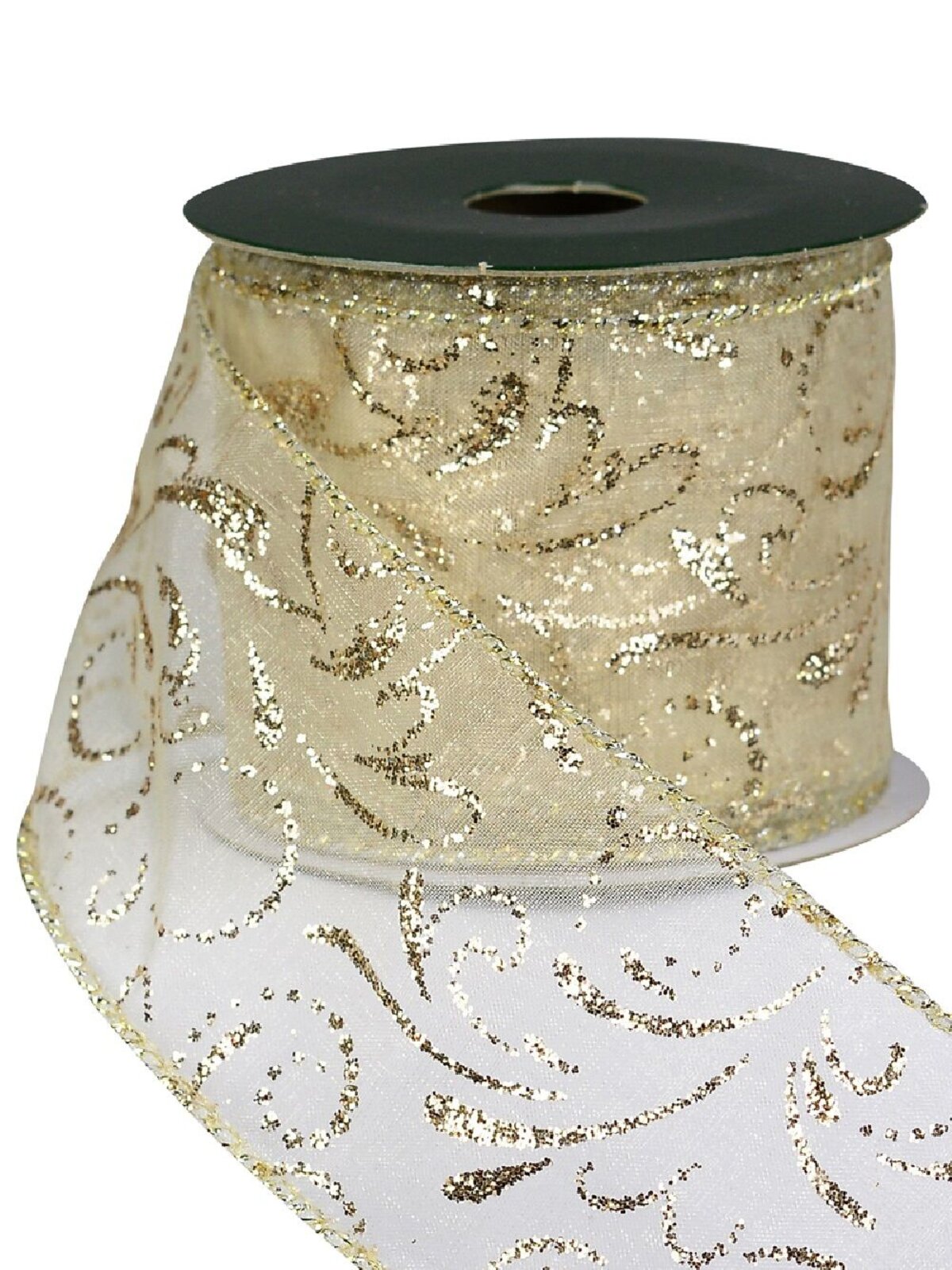 Wired Cream Sheer Ribbon With Gold Glitter Swirls | 3m x 63mm