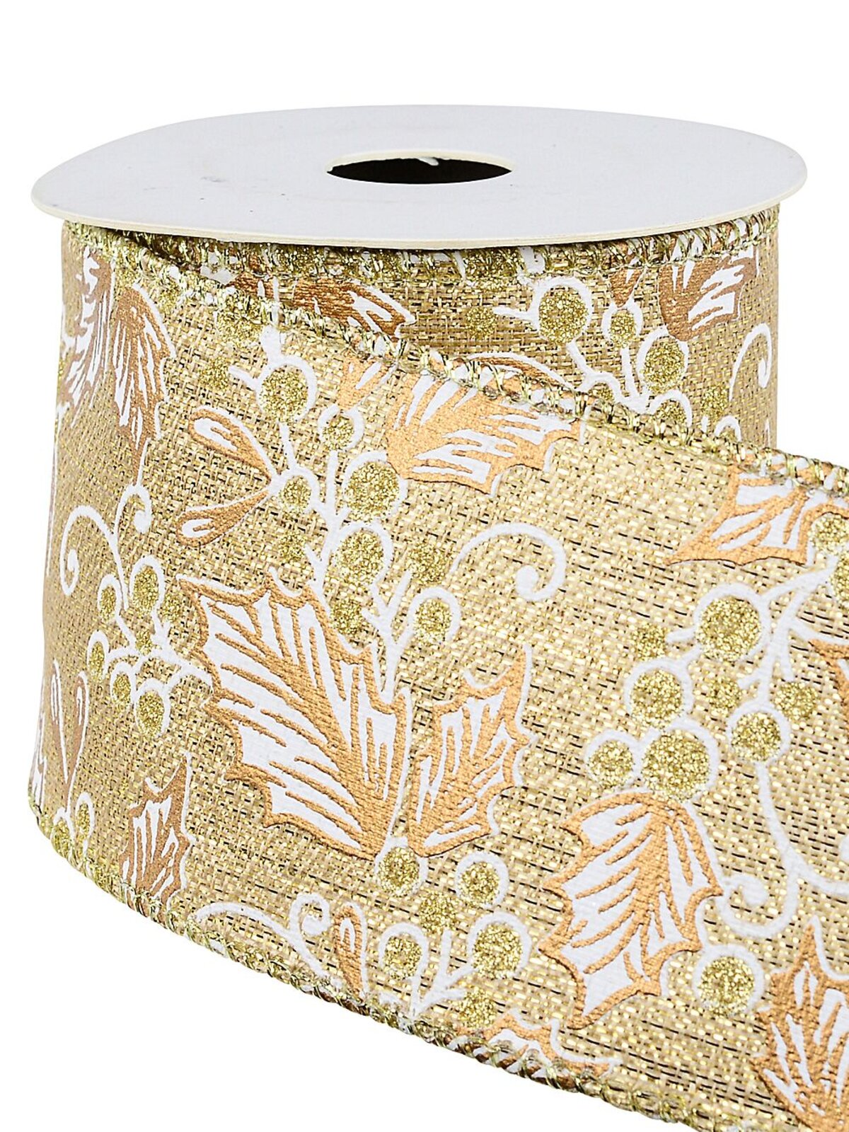Wired Gold Organza Christmas Ribbon White Holly & Berries | 9m x 63mm