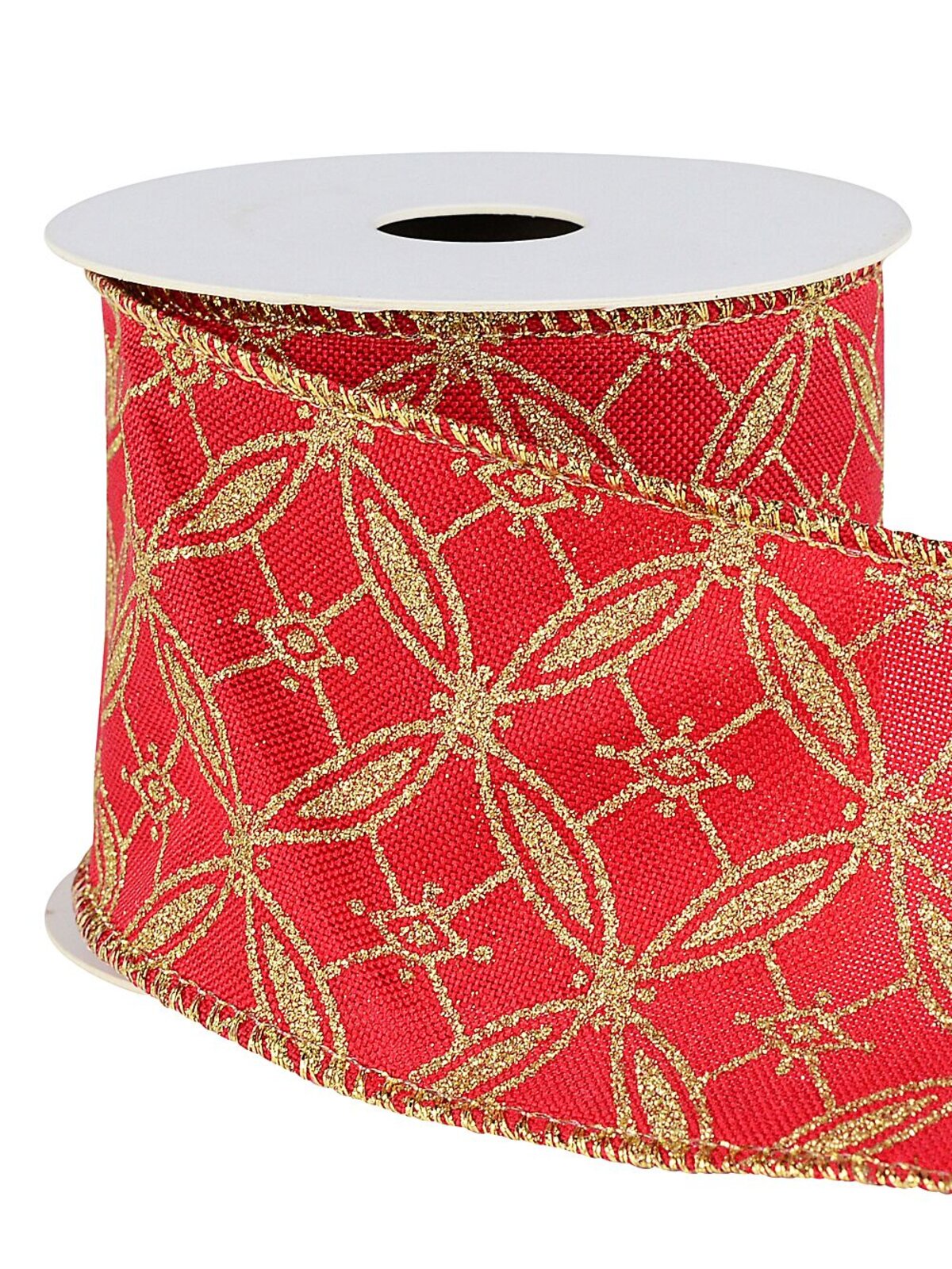 Wired Red Organza Ribbon Gold Glitter Circles & Squares | 9m x 63mm