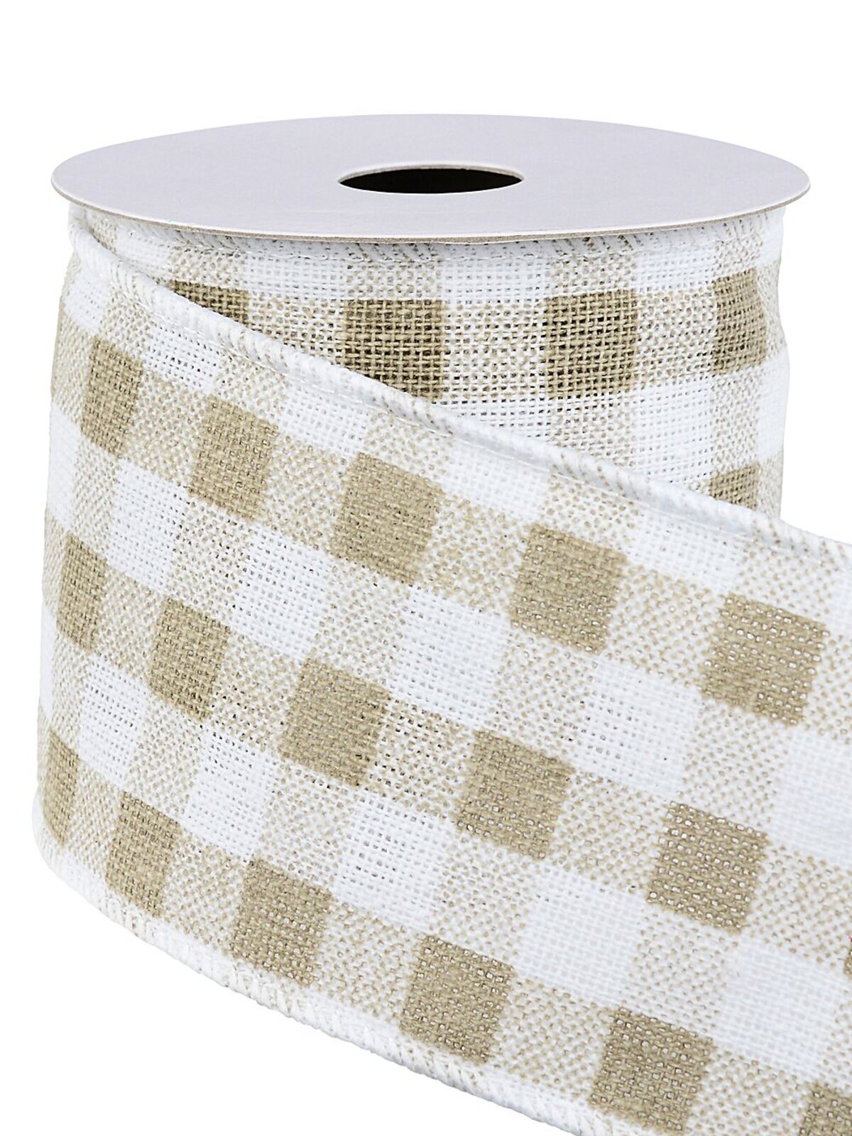 Wired White Hessian Ribbon With Olive Green Tartan | 3m x 63mm