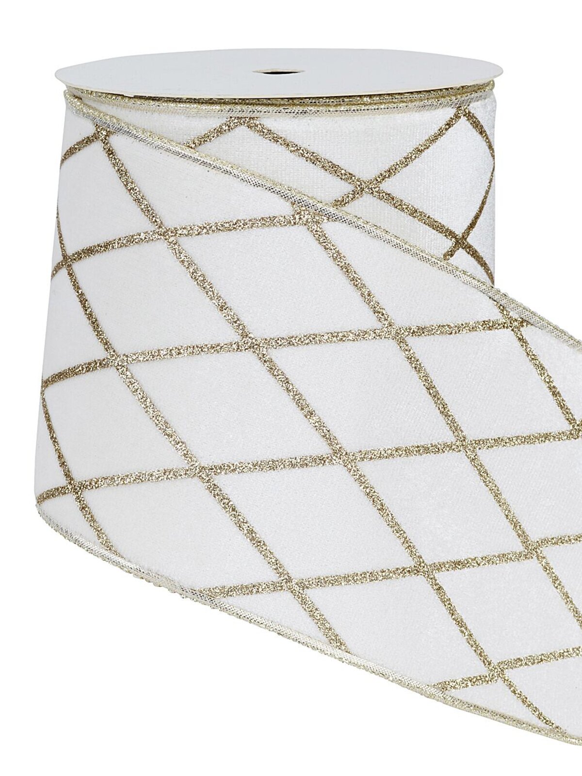 Wired White Velvet Ribbon With Champagne Glitter Diamond | 10m x 10cm