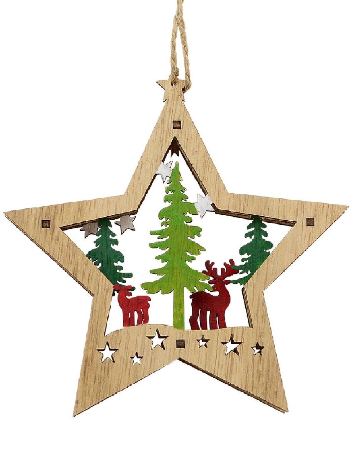Wood Reindeer & Forest Star Scene Christmas Tree Hanging Decoration - 13cm