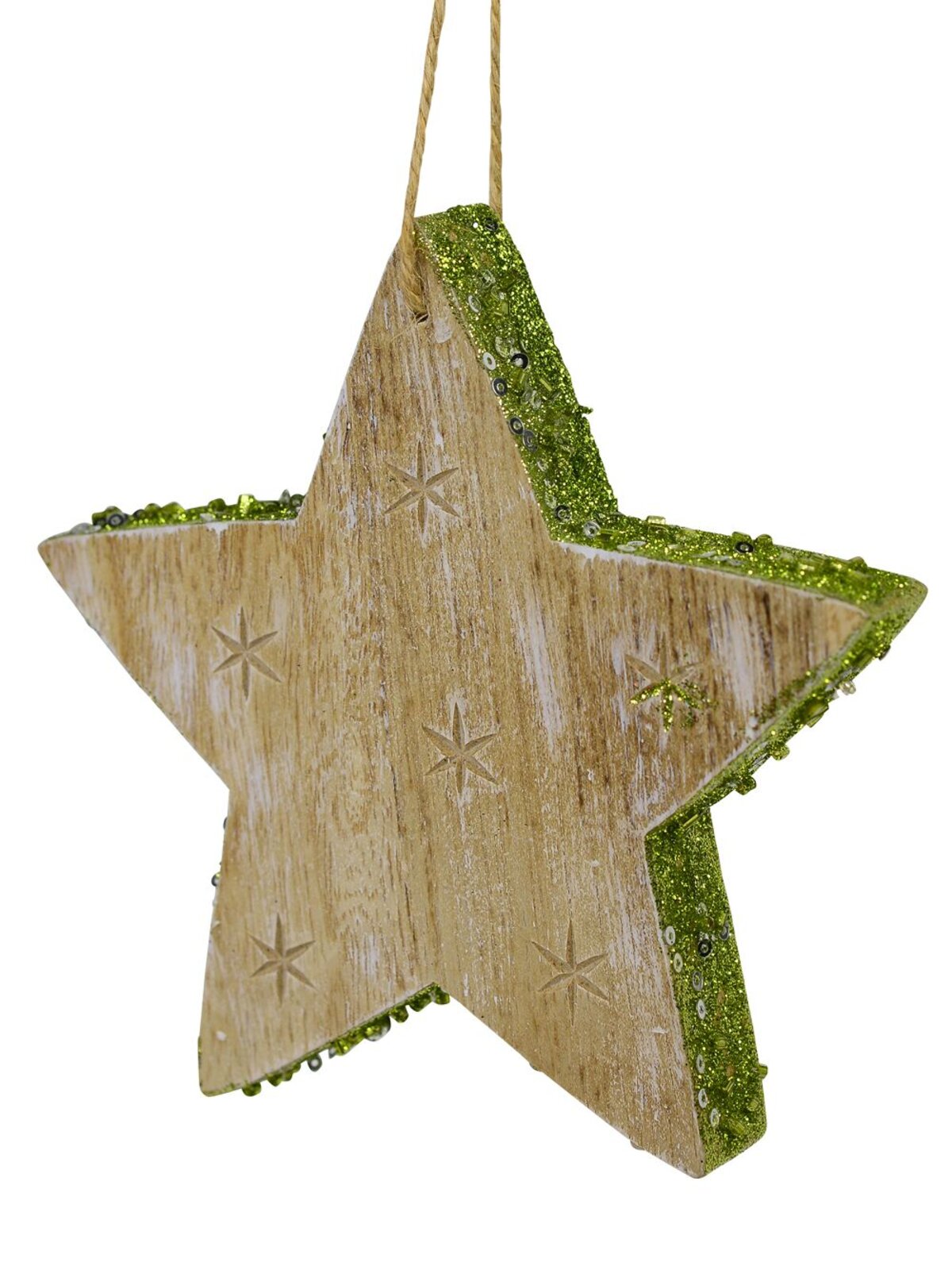 Wood Star With Green Glitter Trim Christmas Tree Hanging Decoration - 12cm