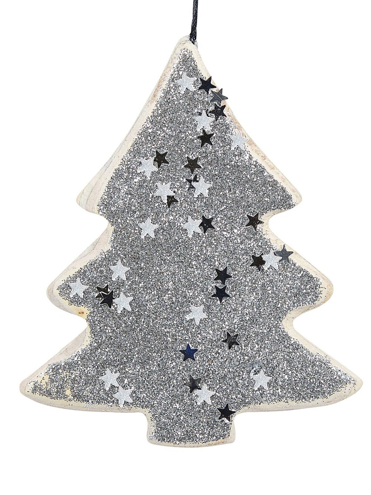 Wood Tree With Silver Glitter & Stars Christmas Tree Hanging Decoration - 11cm