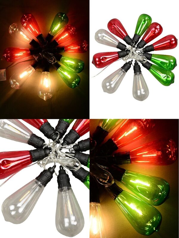 10 Incandescent Red, Green & Transparent Bulb Solar String Lights - 1.5m