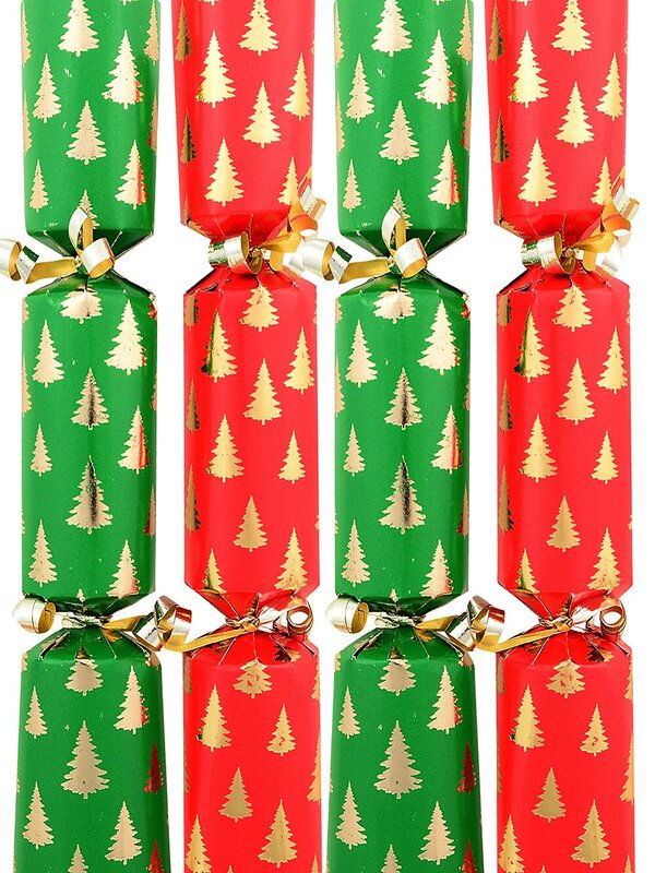 100x Red & Green With Gold Foil Trees Christmas Bon Bons (Crackers) | 24cm