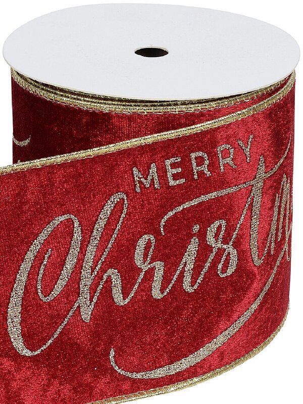 10m Large Red Velvet With Gold Merry Christmas Wide Cut Ribbon